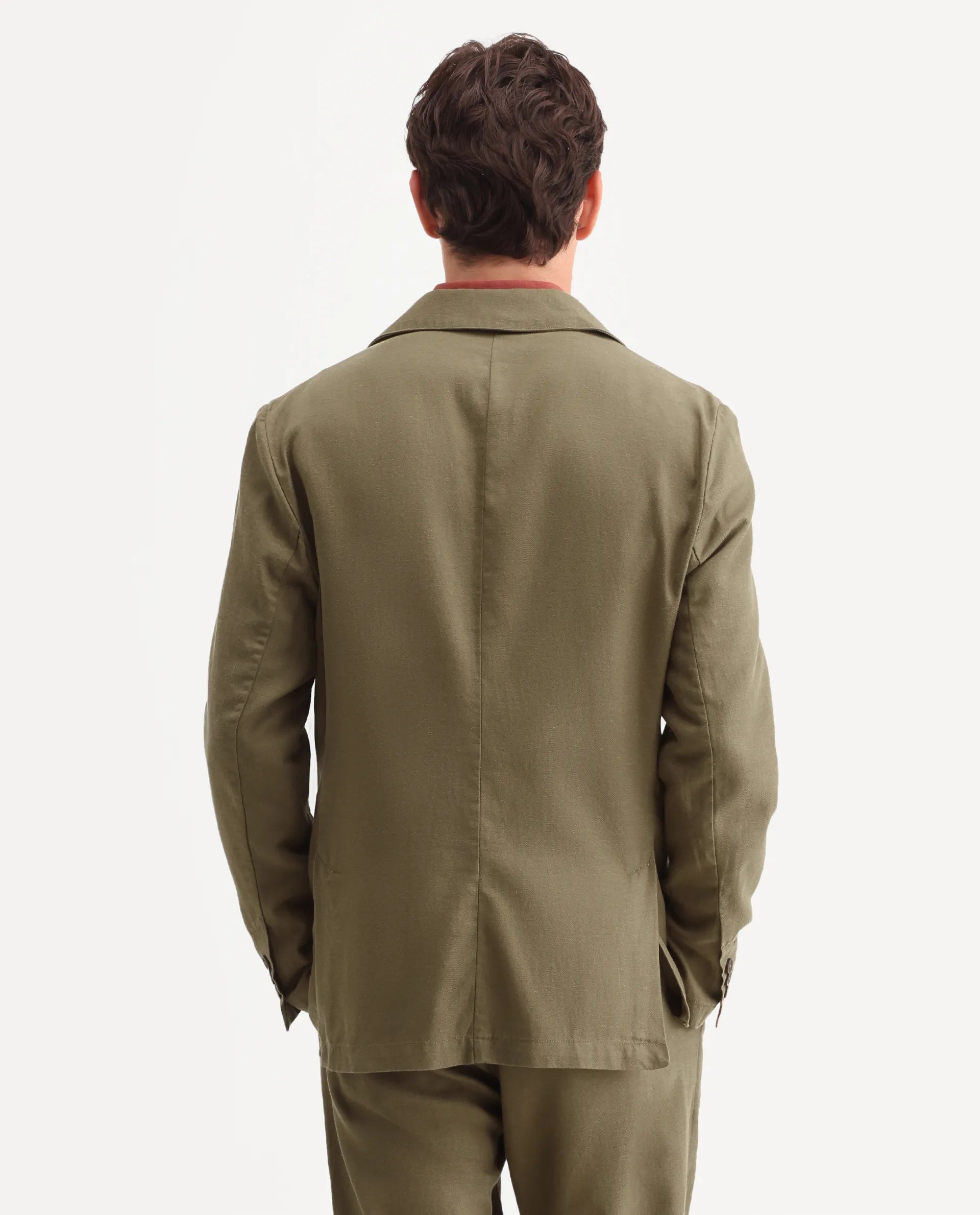Rare Rabbit Men's Linol Khaki Linen Blend Fabric Lapel Neck Tailored Fit Plain Blazer