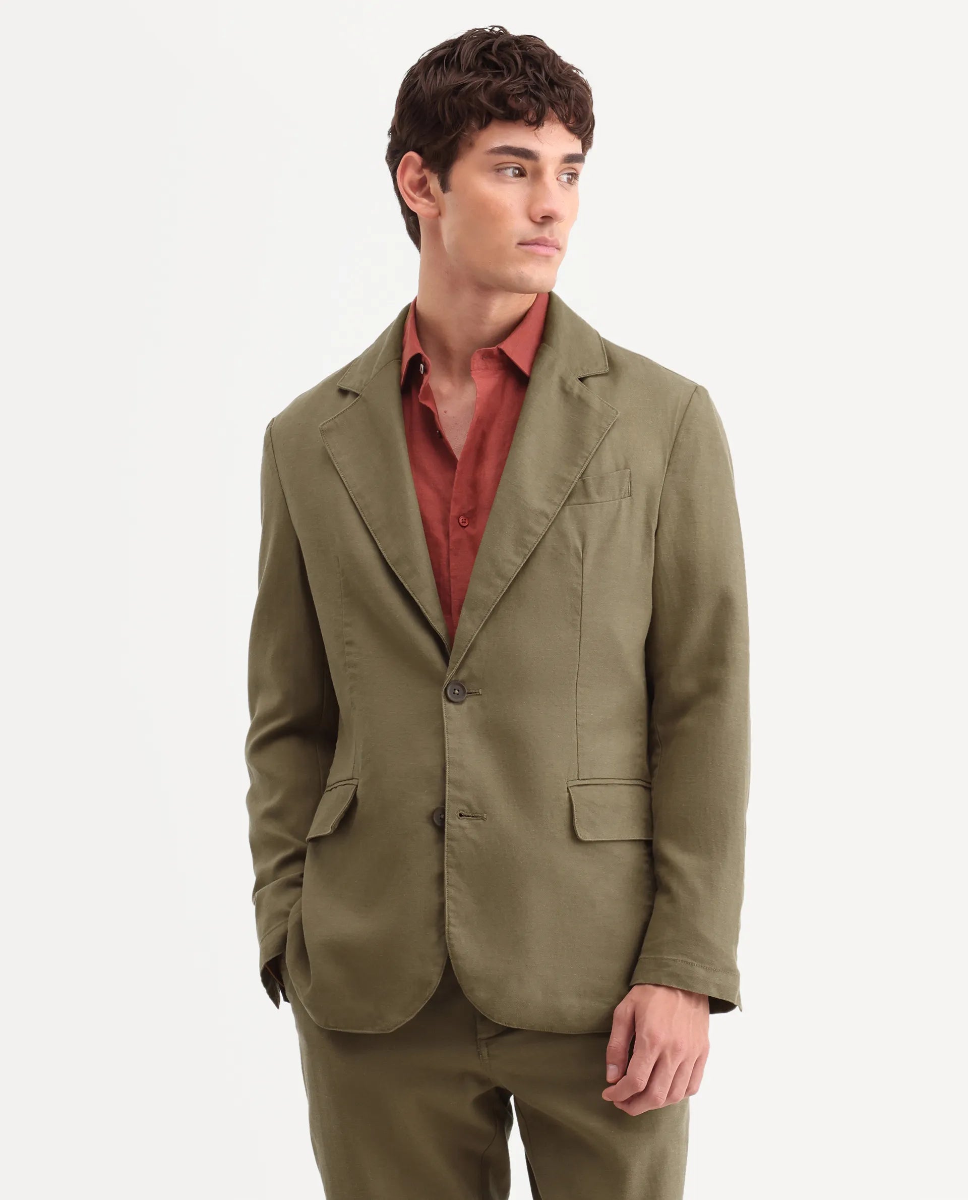 Rare Rabbit Men's Linol Khaki Linen Blend Fabric Lapel Neck Tailored Fit Plain Blazer