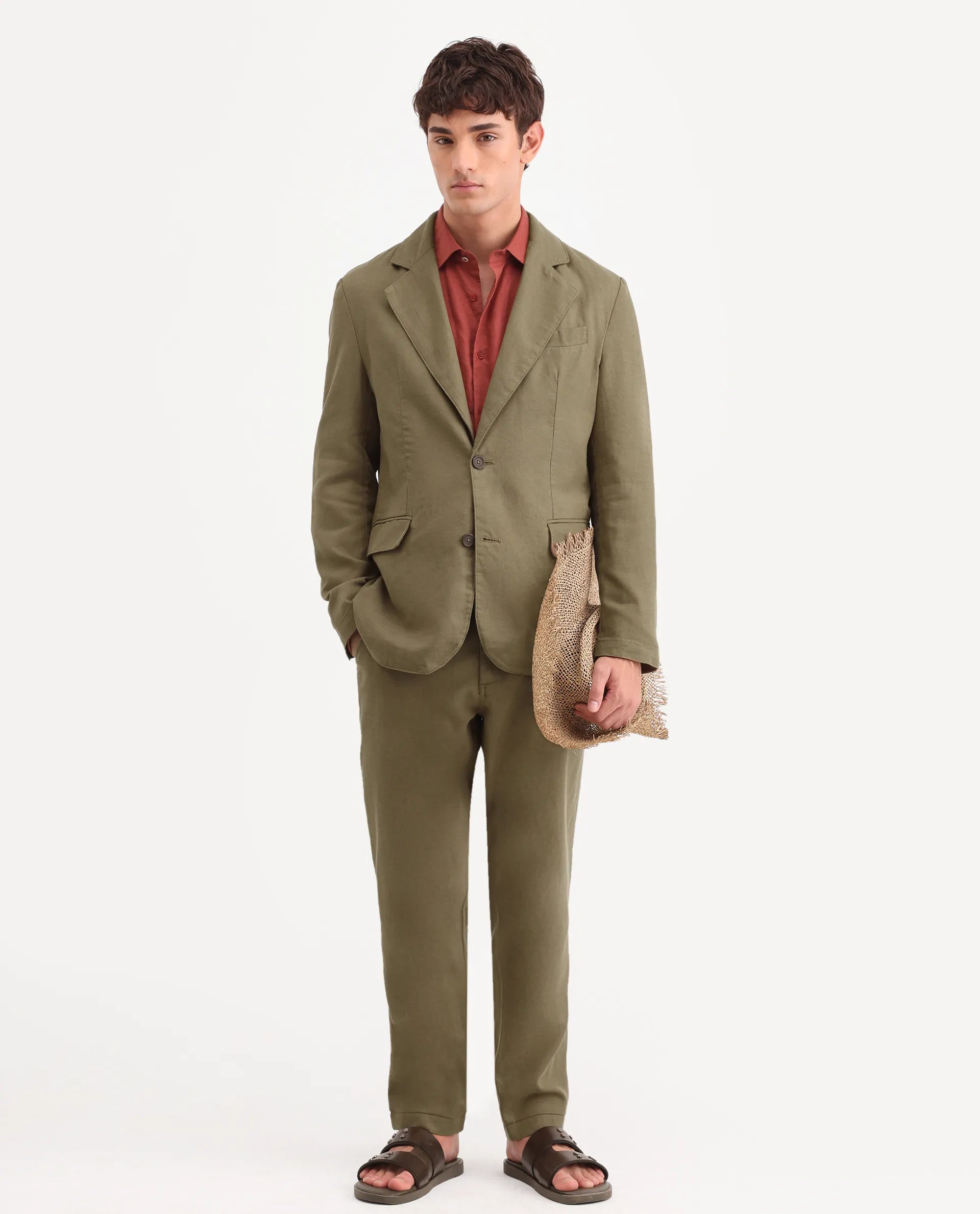 Rare Rabbit Men's Linol Khaki Linen Blend Fabric Lapel Neck Tailored Fit Plain Blazer