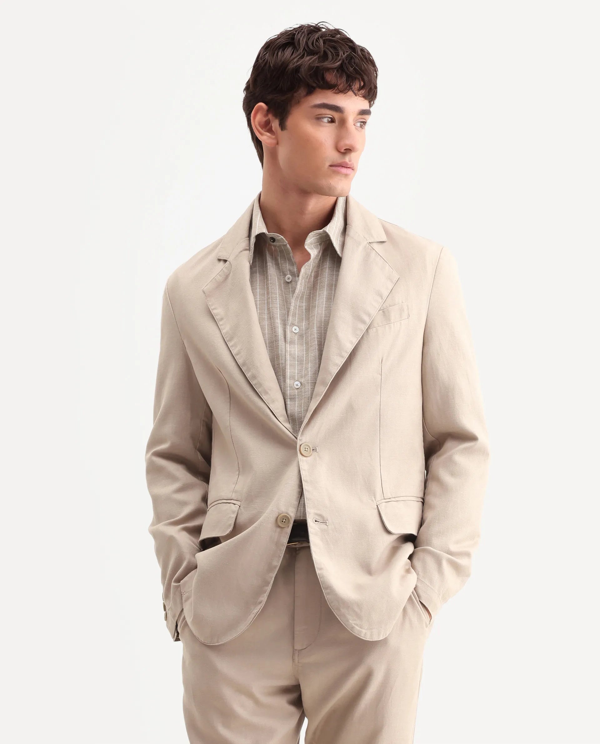 Rare Rabbit Men's Linol Beige Linen Blend Fabric Lapel Neck Tailored Fit Plain Blazer