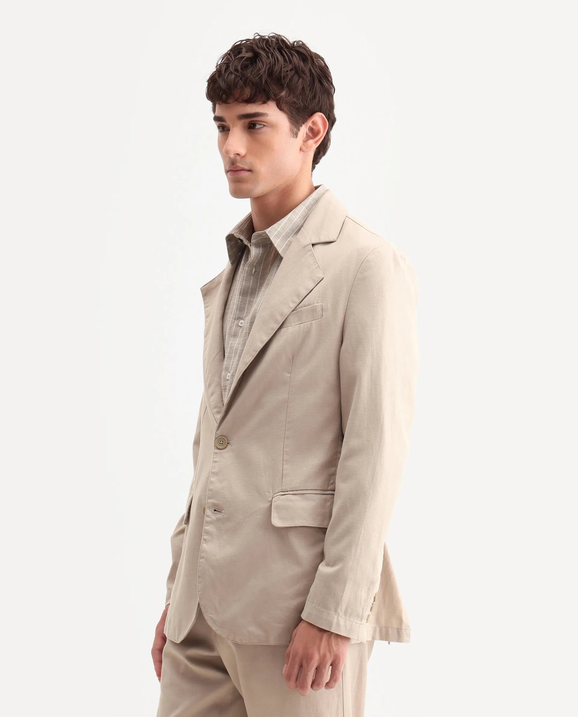 Rare Rabbit Men's Linol Beige Linen Blend Fabric Lapel Neck Tailored Fit Plain Blazer