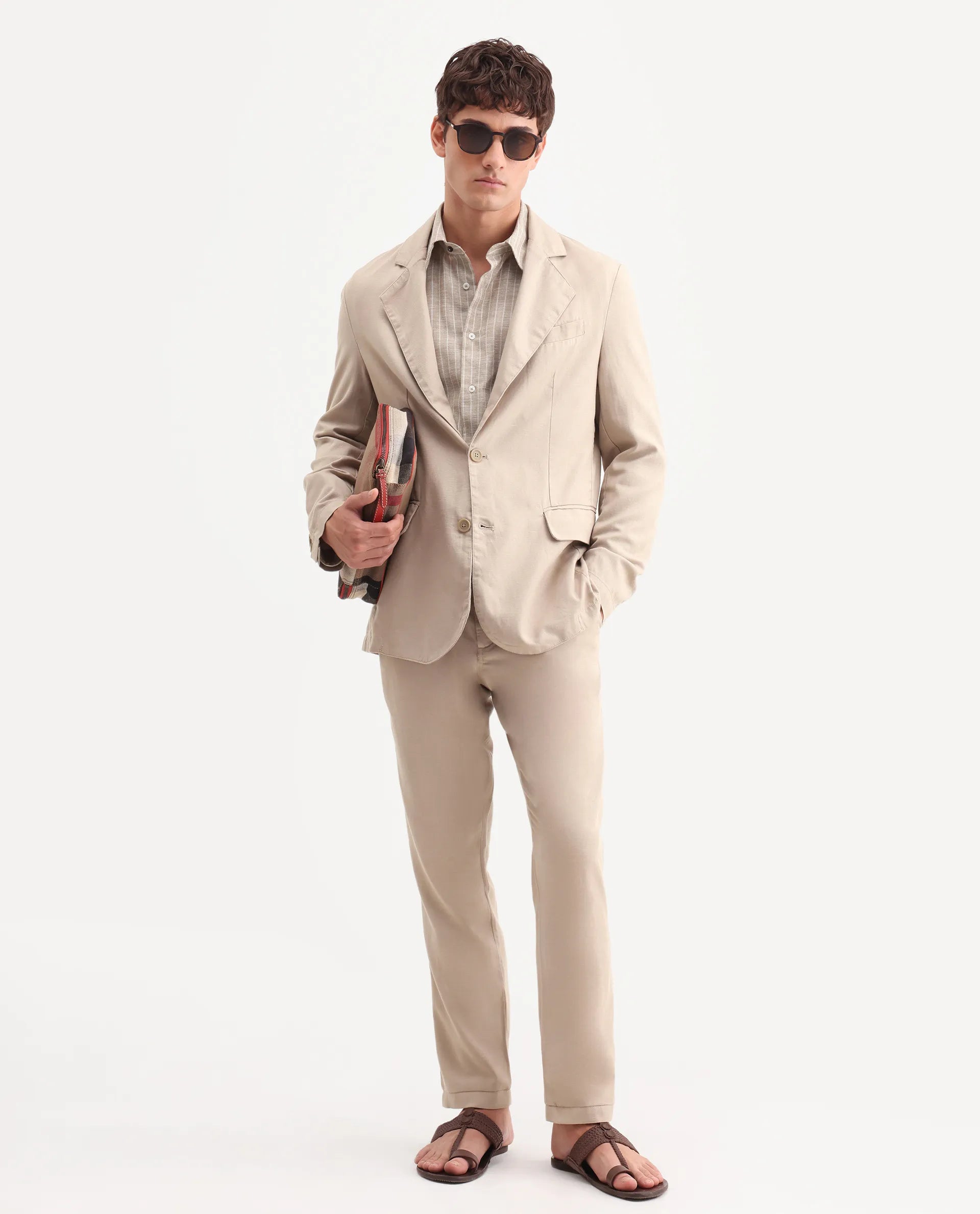 Rare Rabbit Men's Linol Beige Linen Blend Fabric Lapel Neck Tailored Fit Plain Blazer