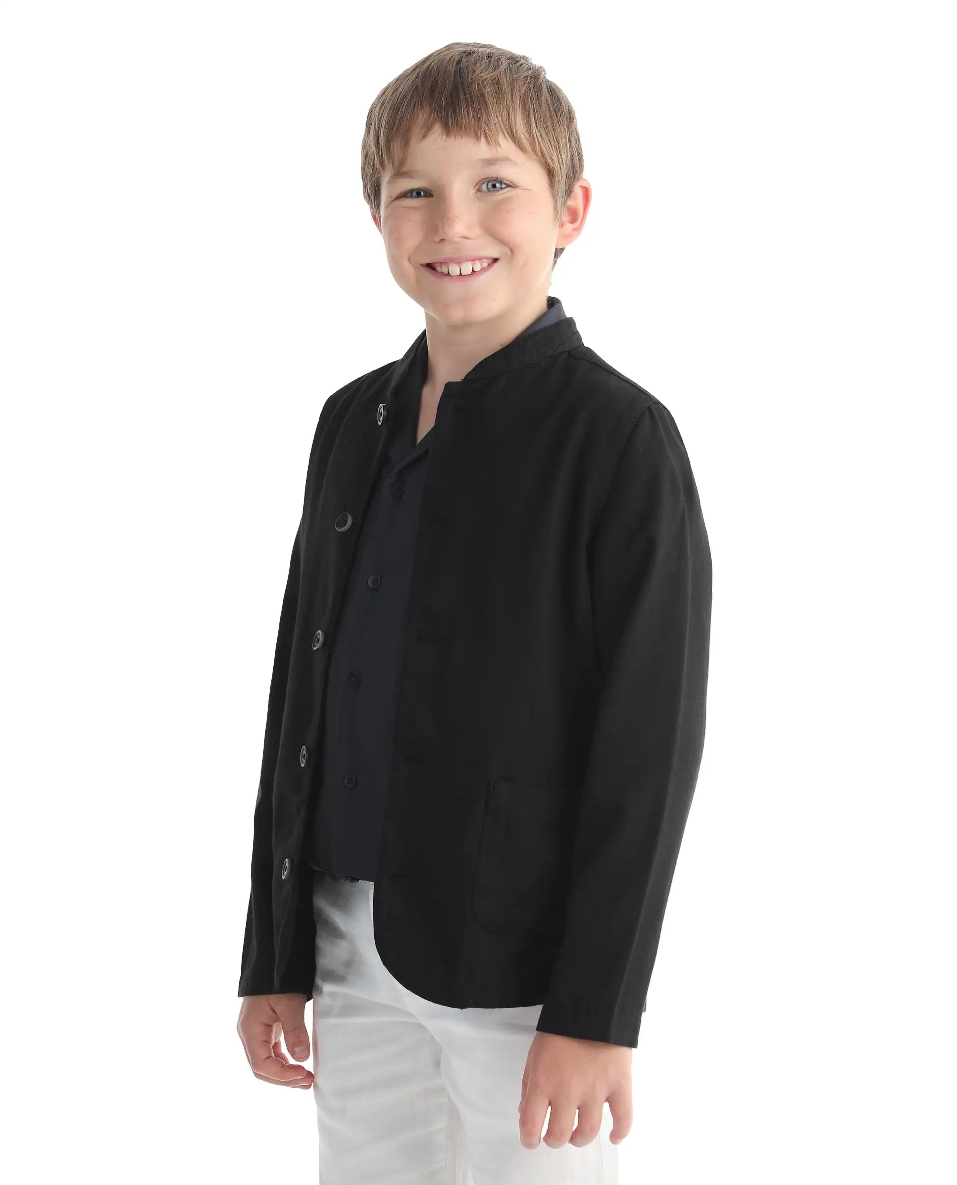 Rare Ones Kids Jensen Black Linen Blend Solid Button Closure Tailored Fit Coat