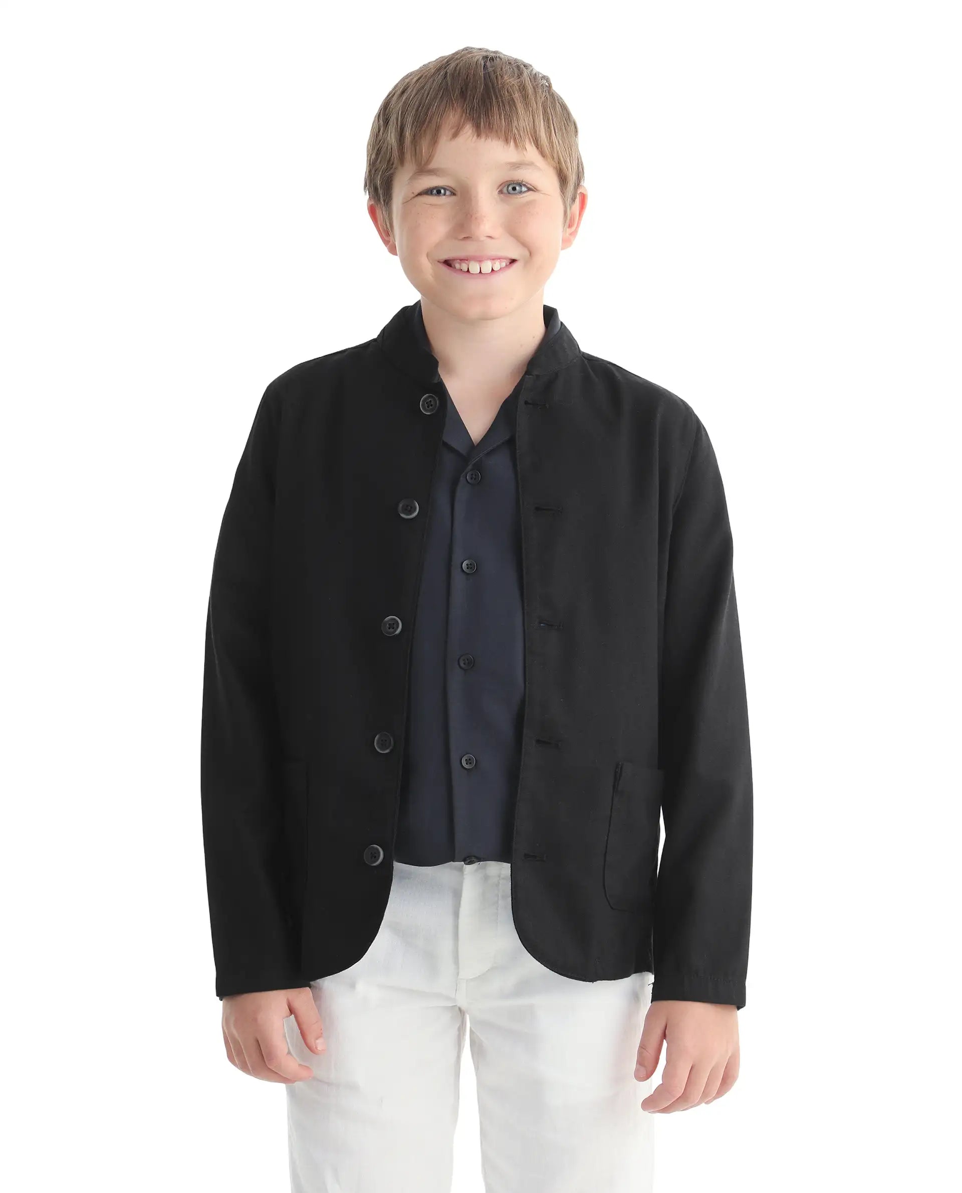 Rare Ones Kids Jensen Black Linen Blend Solid Button Closure Tailored Fit Coat