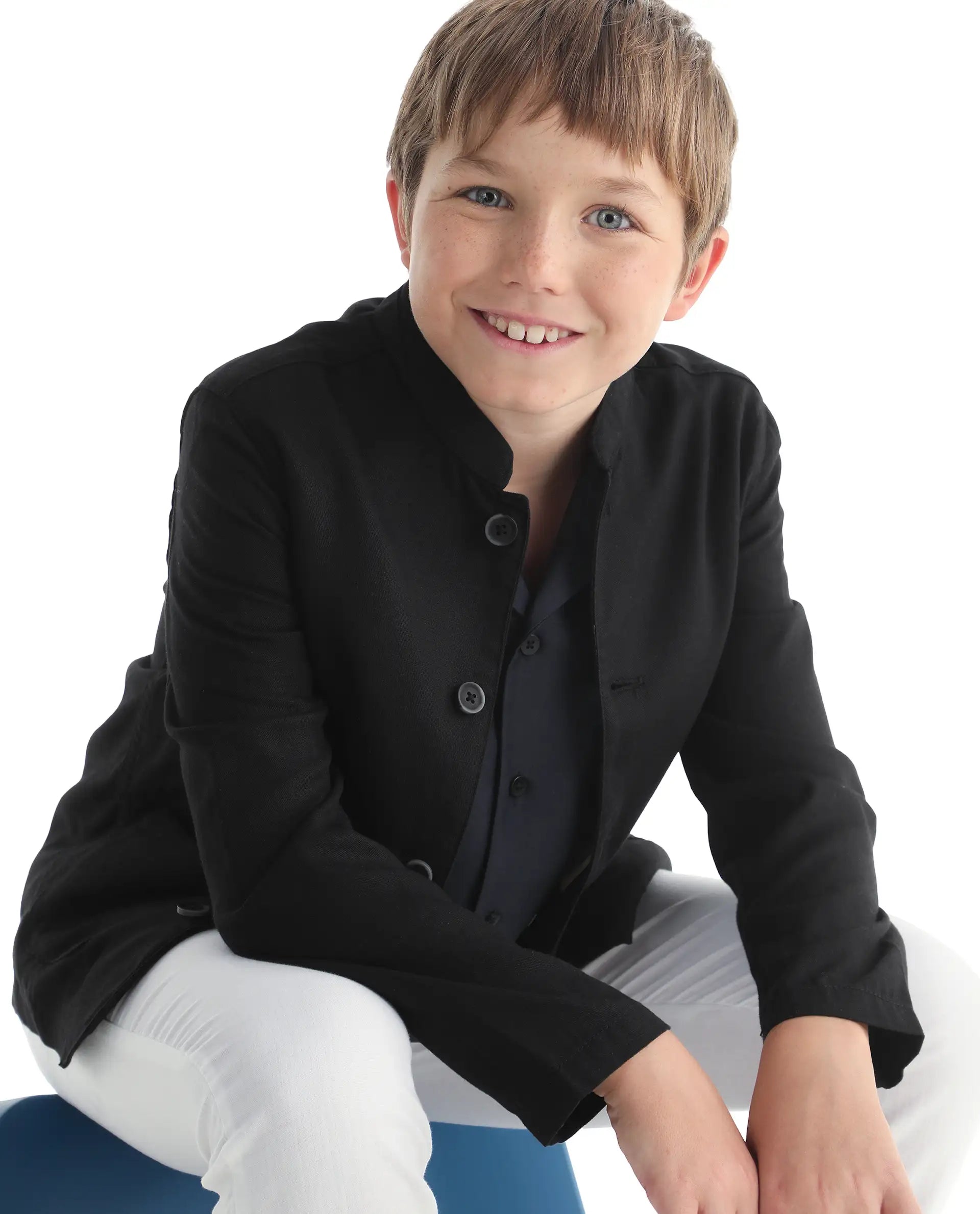 Rare Ones Kids Jensen Black Linen Blend Solid Button Closure Tailored Fit Coat