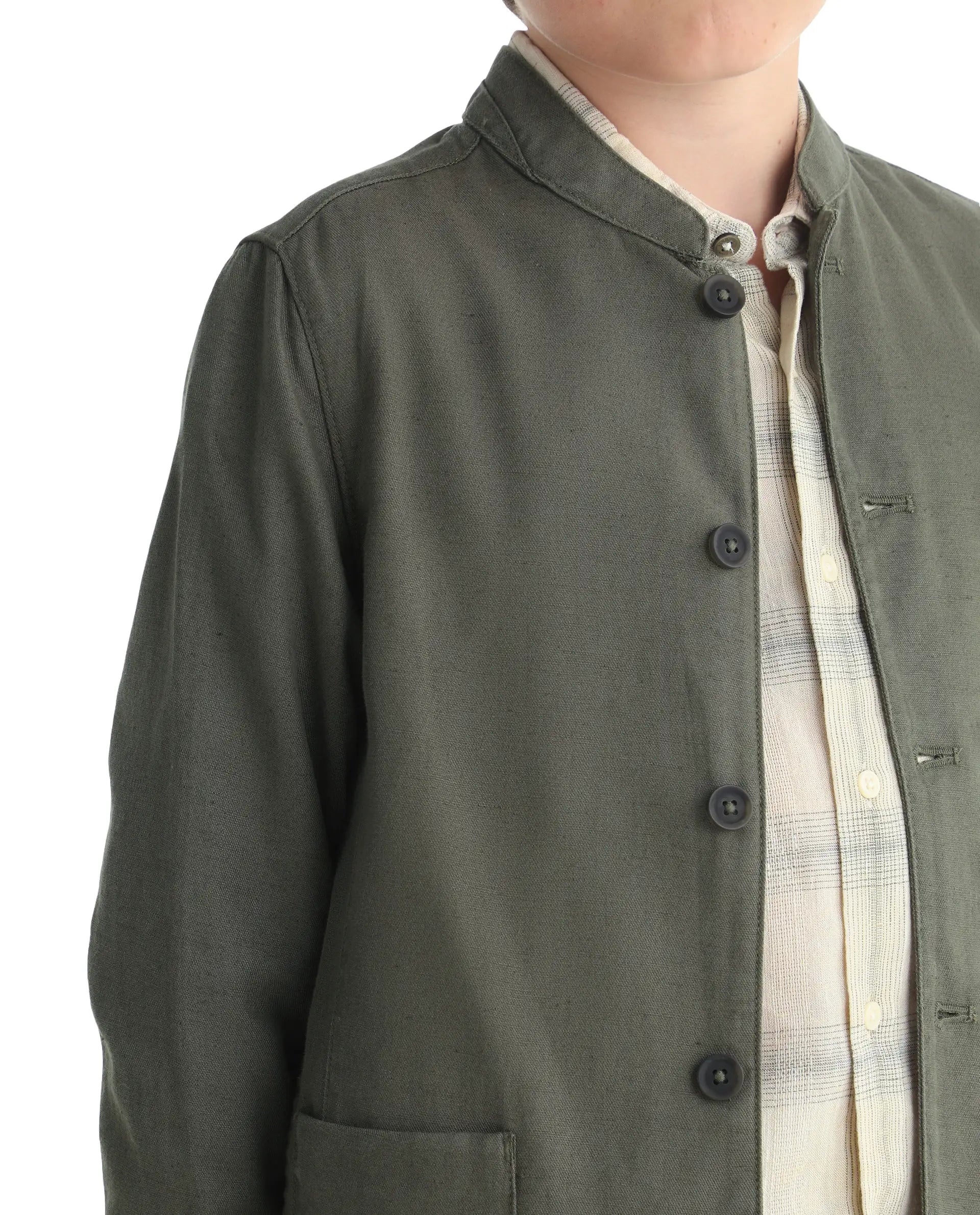 Rare Ones Kids Jensen Dusky Olive Linen Blend Solid Button Closure Tailored Fit Coat