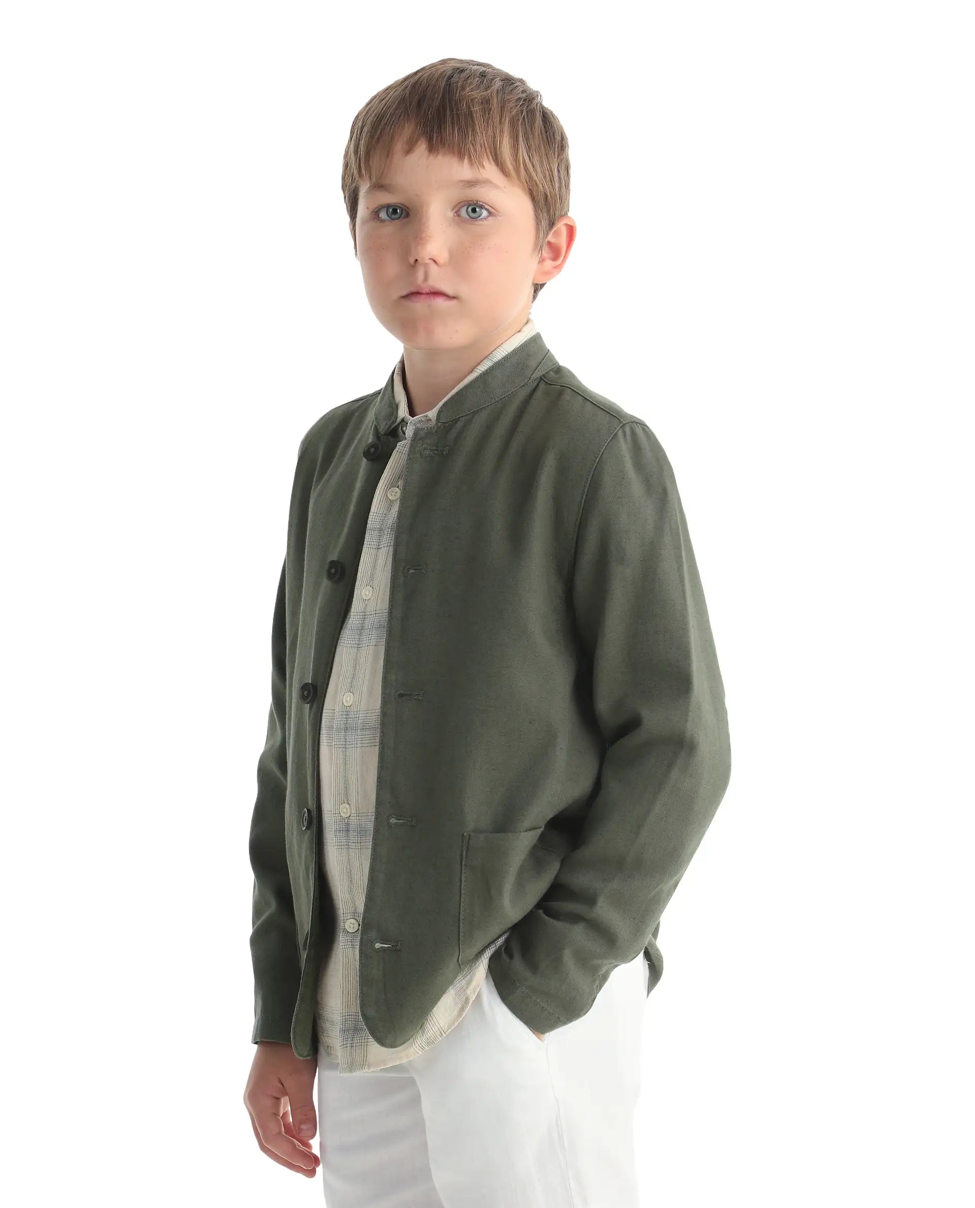Rare Ones Kids Jensen Dusky Olive Linen Blend Solid Button Closure Tailored Fit Coat