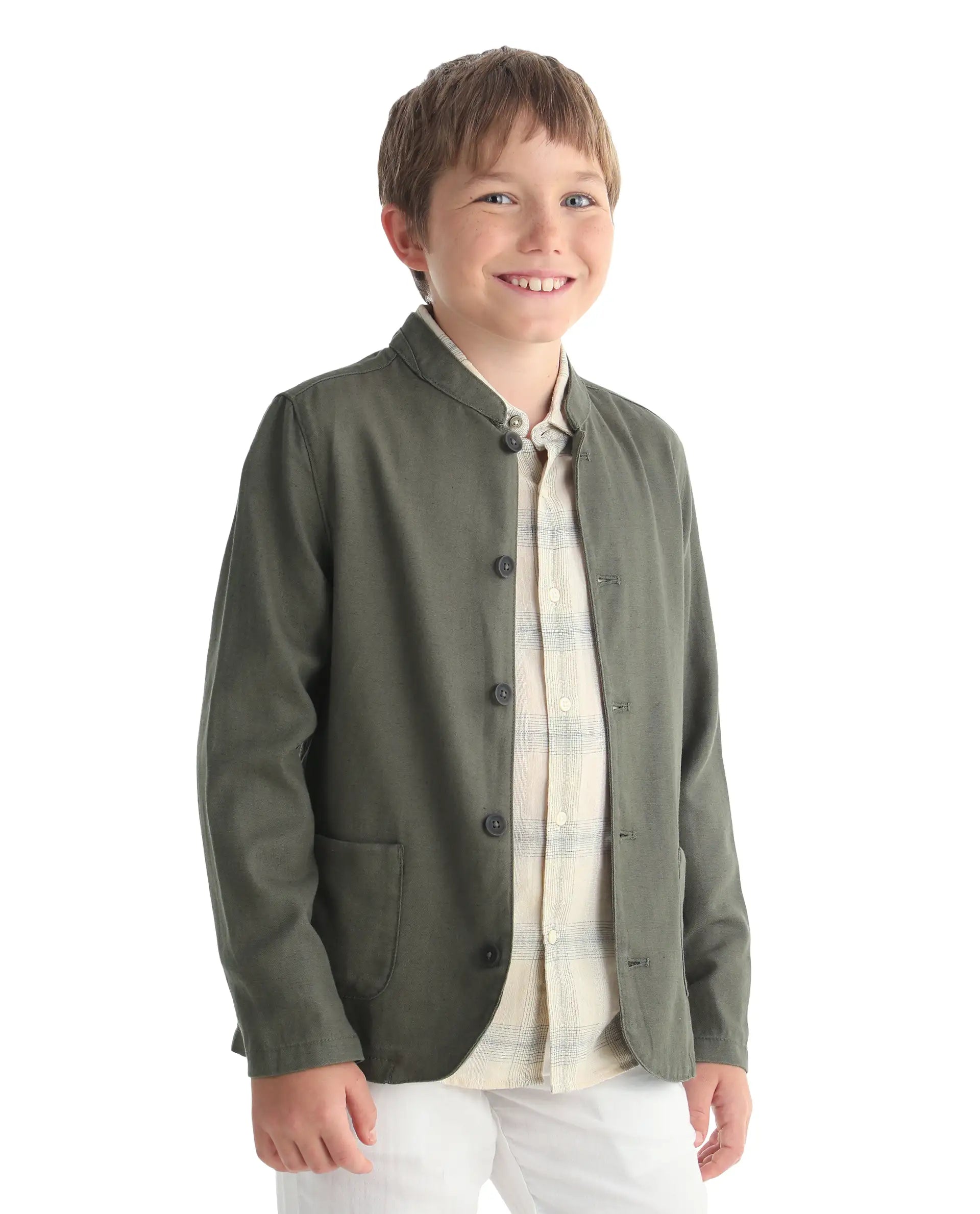 Rare Ones Kids Jensen Dusky Olive Linen Blend Solid Button Closure Tailored Fit Coat