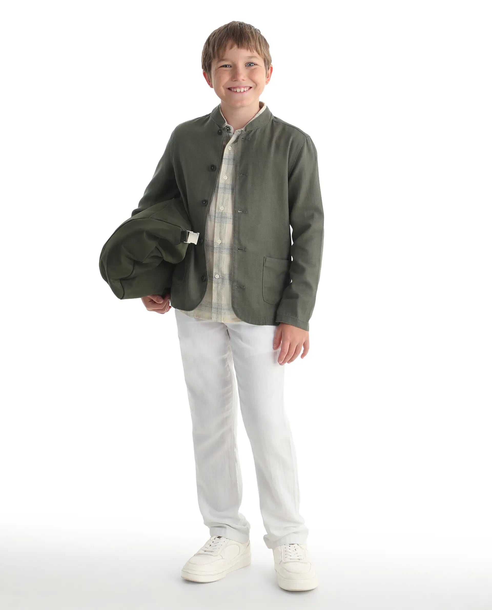 Rare Ones Kids Jensen Dusky Olive Linen Blend Solid Button Closure Tailored Fit Coat