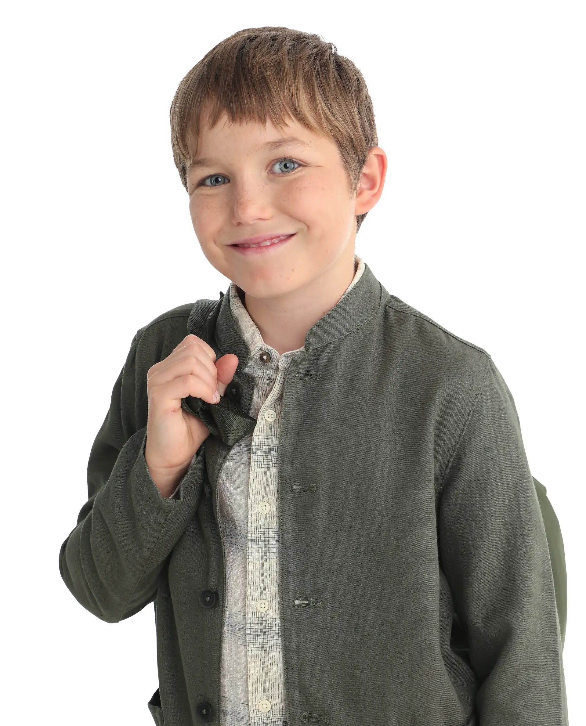 Rare Ones Kids Jensen Dusky Olive Linen Blend Solid Button Closure Tailored Fit Coat