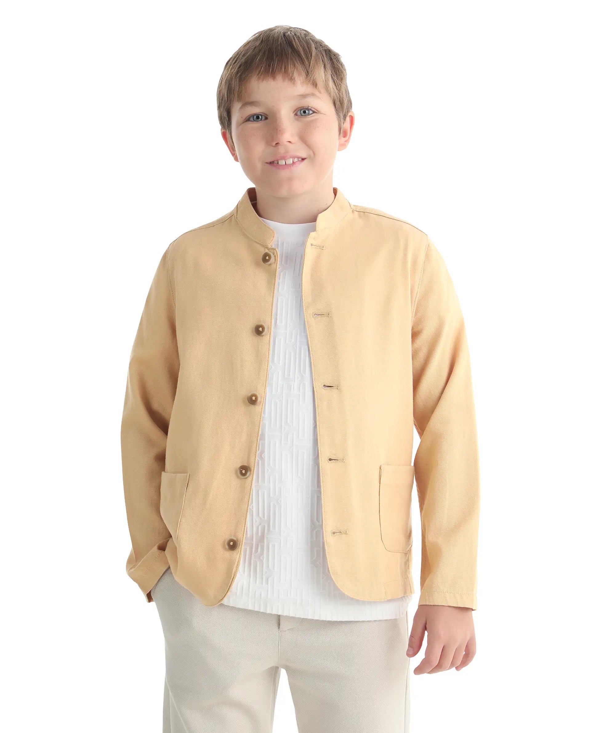 Rare Ones Kids Jensen Dusky Yellow Linen Blend Solid Button Closure Tailored Fit Coat
