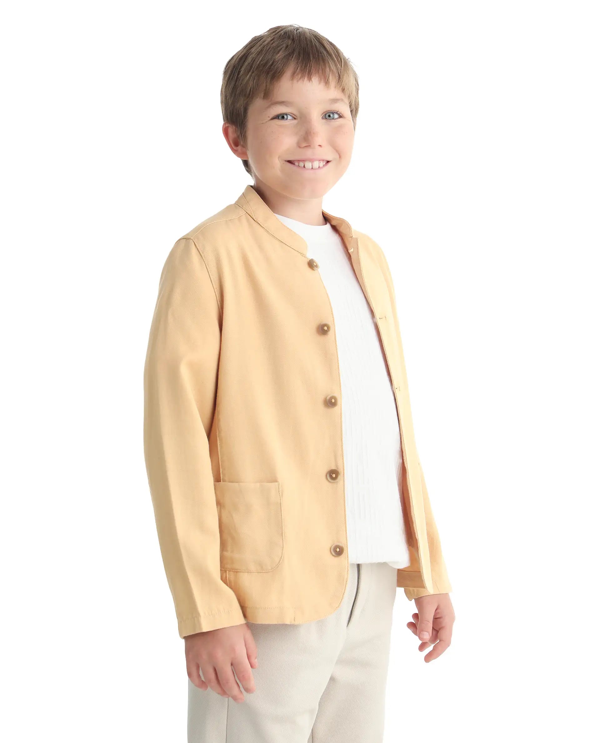 Rare Ones Kids Jensen Dusky Yellow Linen Blend Solid Button Closure Tailored Fit Coat