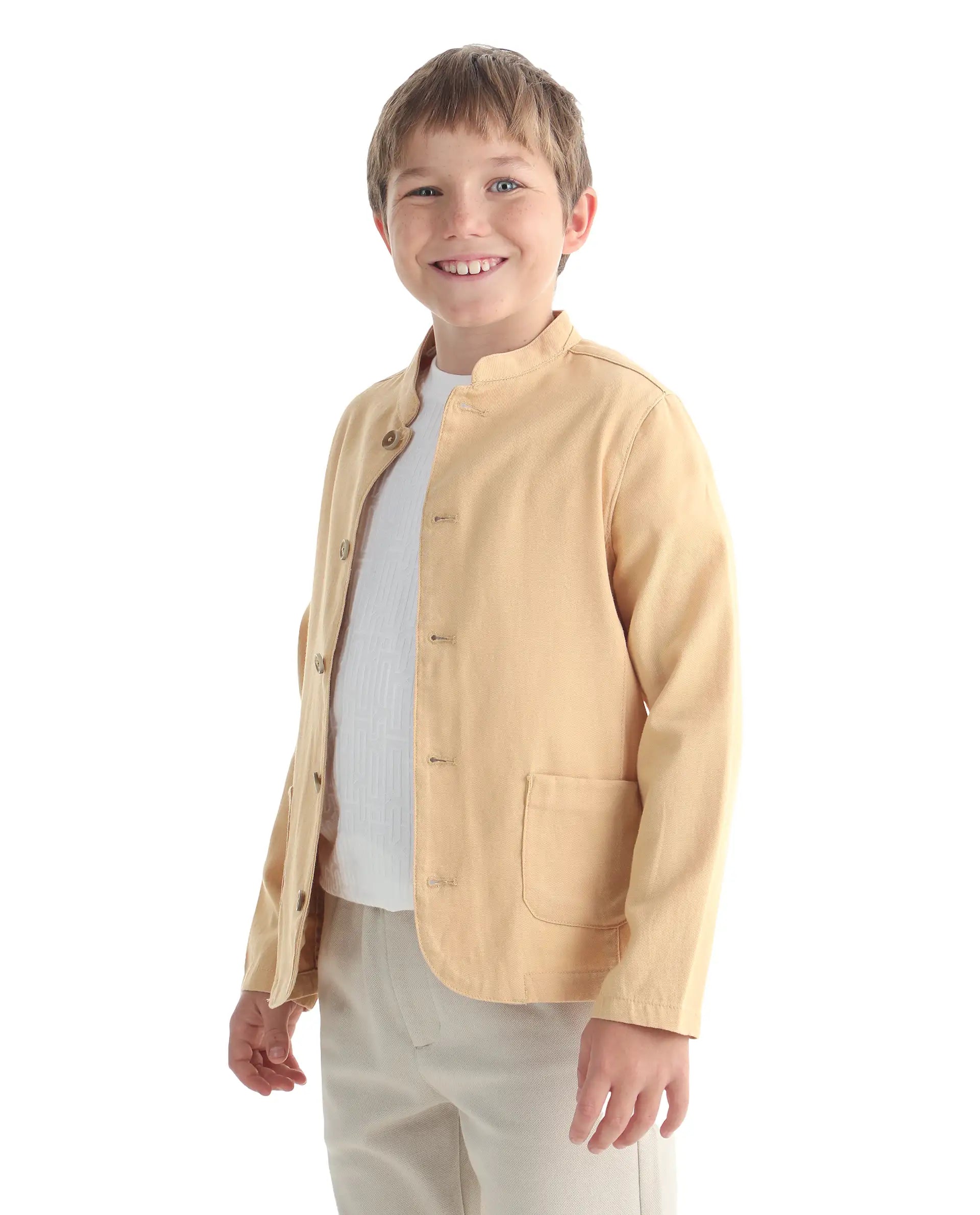 Rare Ones Kids Jensen Dusky Yellow Linen Blend Solid Button Closure Tailored Fit Coat