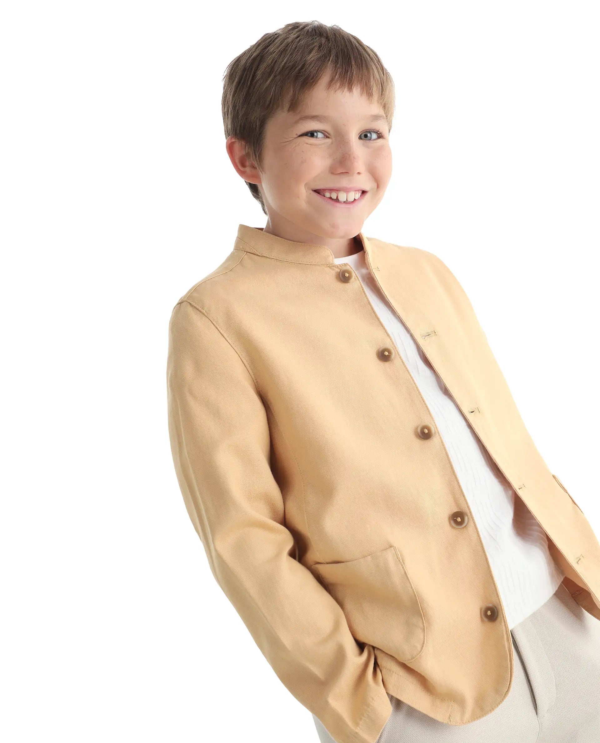 Rare Ones Kids Jensen Dusky Yellow Linen Blend Solid Button Closure Tailored Fit Coat