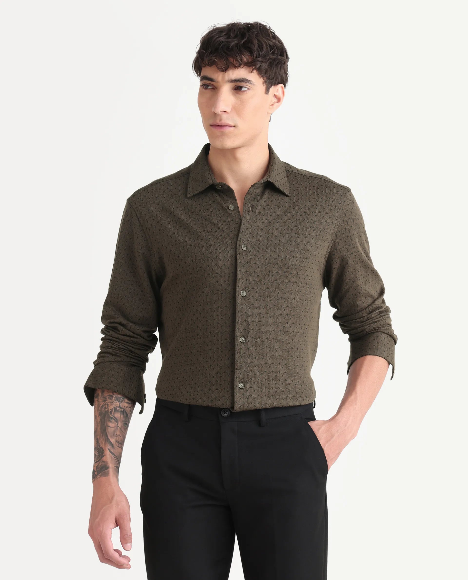 Rare Rabbit Men's Kupo Brown Cotton Blend Geometric Print Regular Fit Full Sleeve Collared Shirt