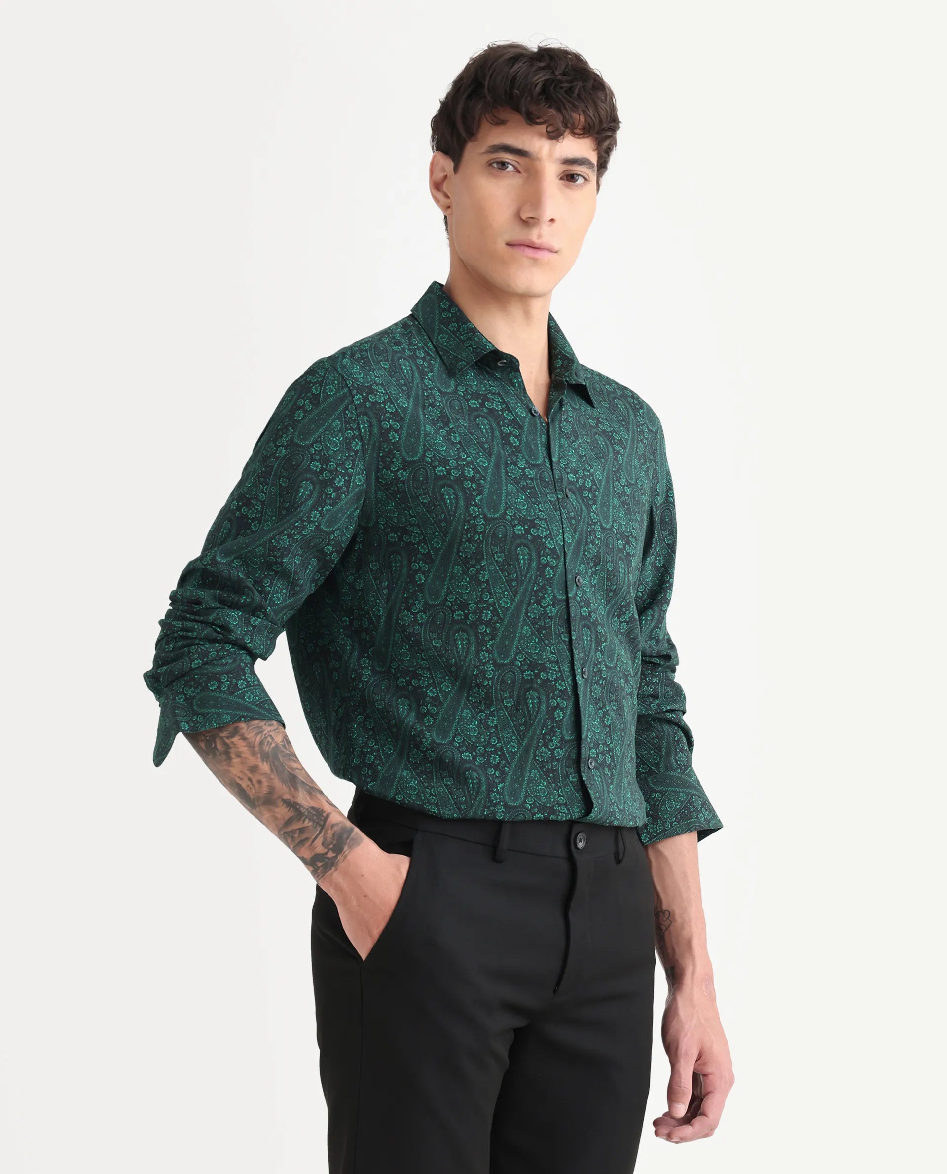 Rare Rabbit Men's Pat-25 Dark Green Viscose Paisley Print Regular Fit Full Sleeve Collared Shirt