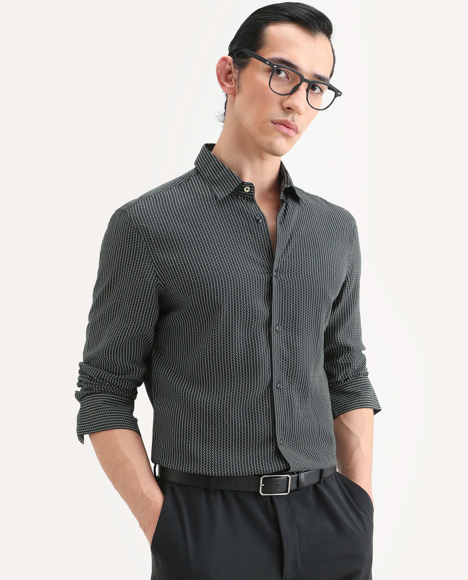 Rare Rabbit Men's Lyca Black Viscose Fabric Full Sleeve Collared Neck Geometric Print Shirt