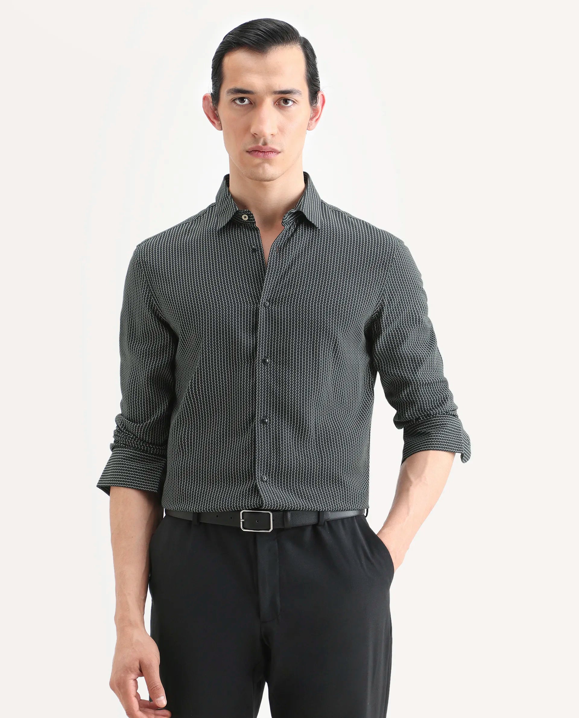Rare Rabbit Men's Lyca Black Viscose Fabric Full Sleeve Collared Neck Geometric Print Shirt