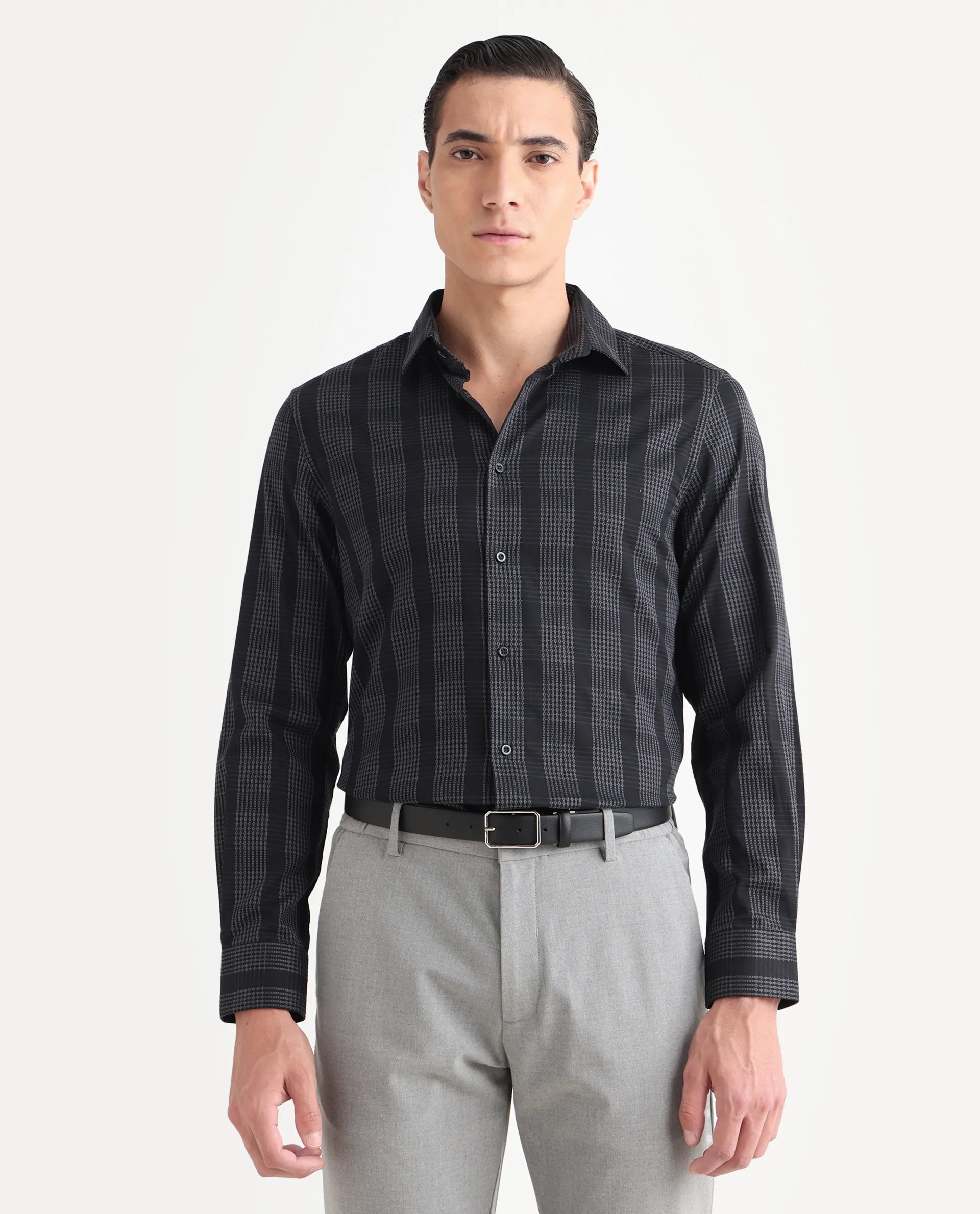 Rare Rabbit Men's Villum-25 Black Cotton Fabric Full Sleeve Collared Neck Regular Fit Striped Shirt
