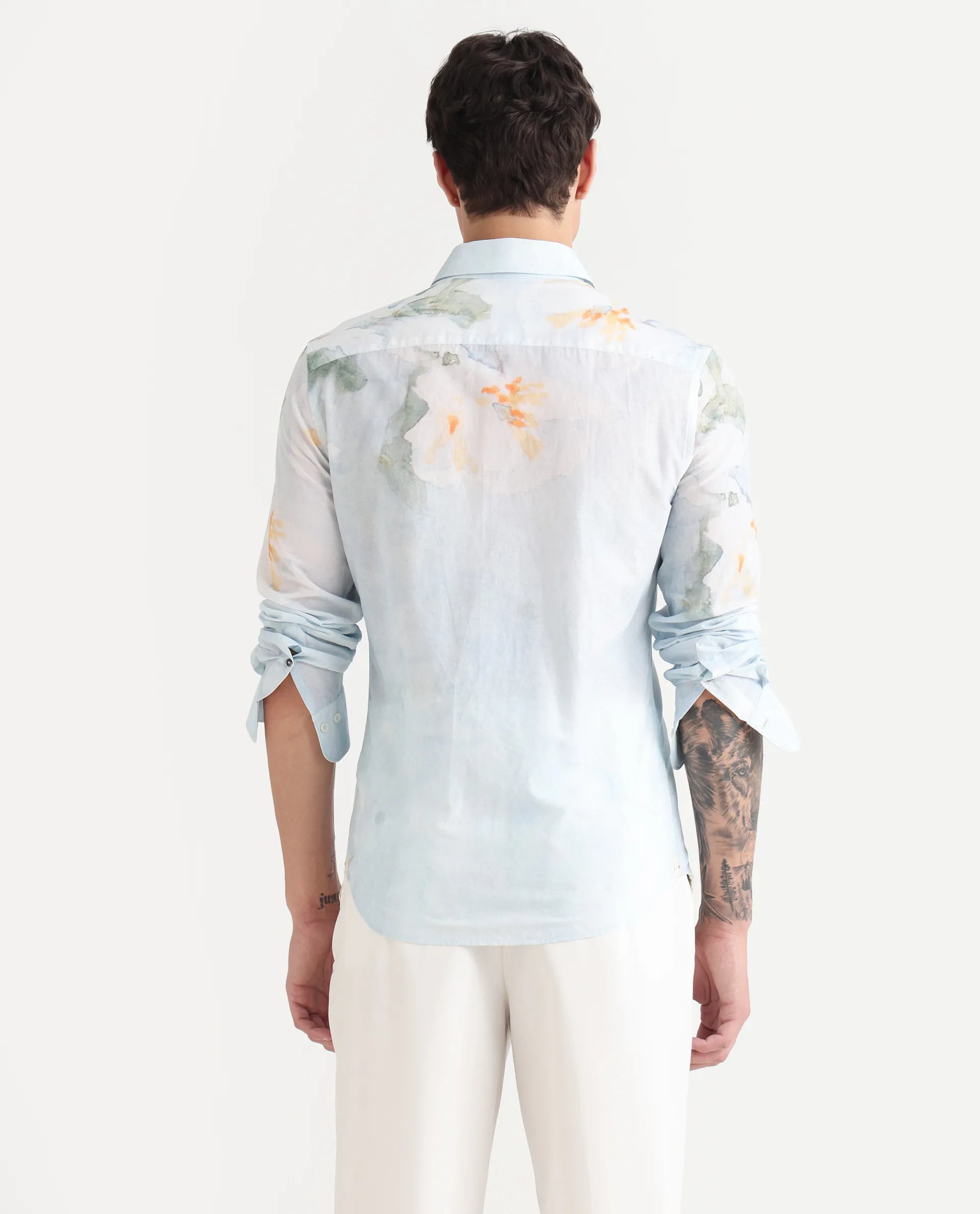 Rare Rabbit Men's Bepa-25 Light Blue Cotton Blend Floral Print Regular Fit Full Sleeve Collared Shirt
