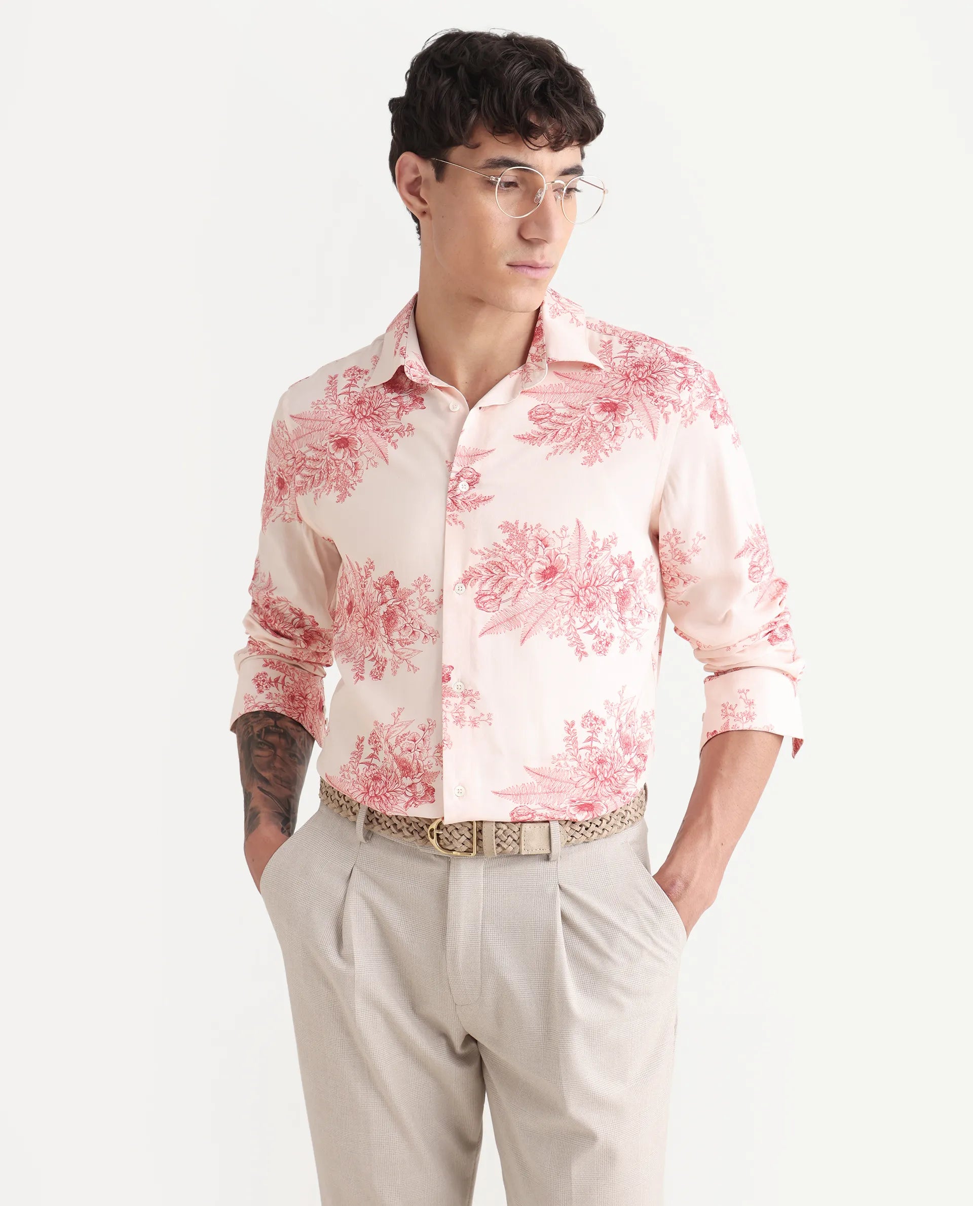 Rare Rabbit Men's Grim-25 Peach Viscose Floral Print Regular Fit Full Sleeve Collared Shirt