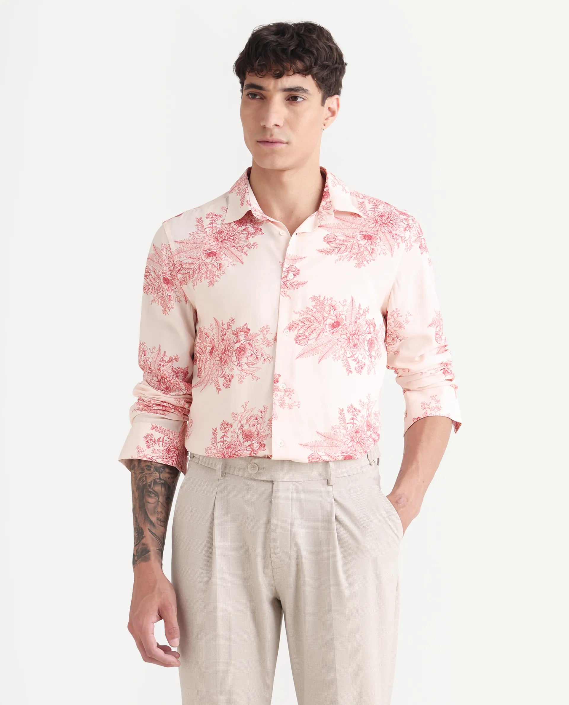 Rare Rabbit Men's Grim-25 Peach Viscose Floral Print Regular Fit Full Sleeve Collared Shirt
