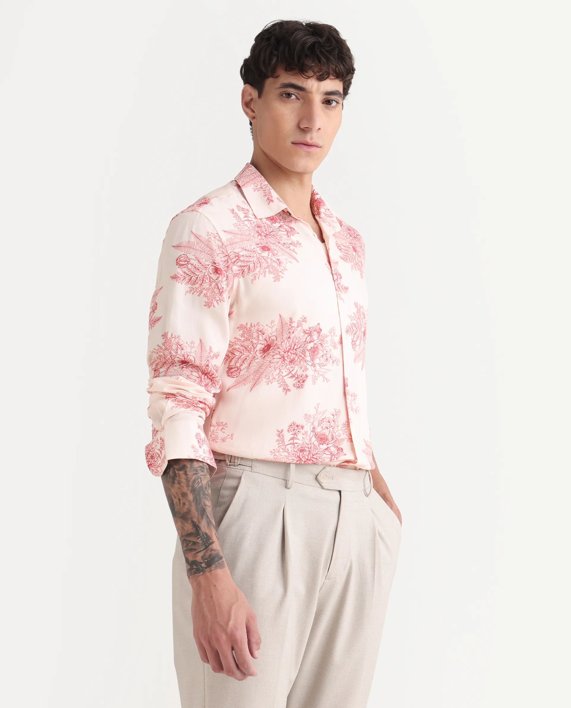 Rare Rabbit Men's Grim-25 Peach Viscose Floral Print Regular Fit Full Sleeve Collared Shirt