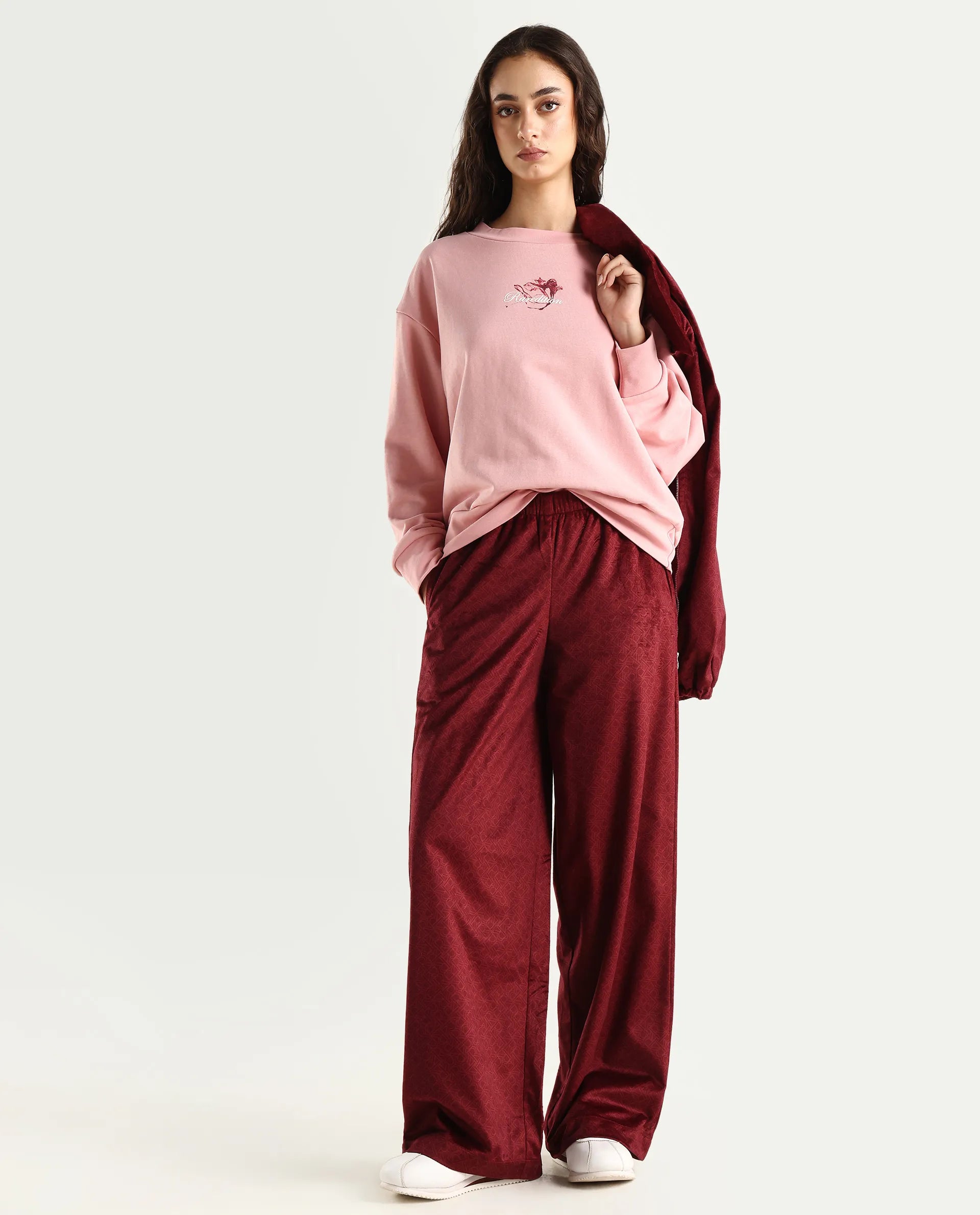 Rareism Women's Jacamo-B Maroon Polyester Straight Monogram Print Trouser