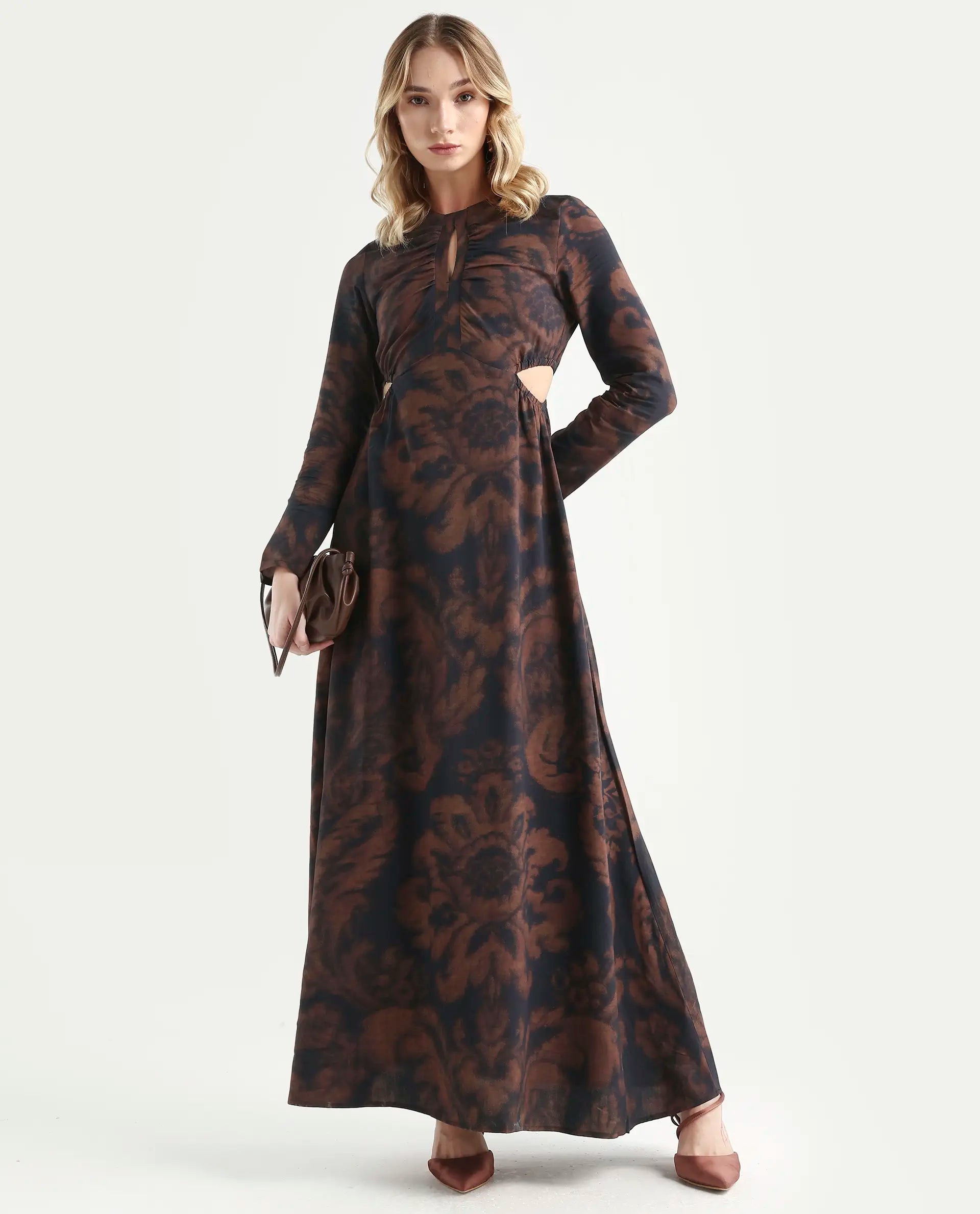 Buy Azor- Dark Brown Abstract Print Cut-Out Maxi Dress| Rareism