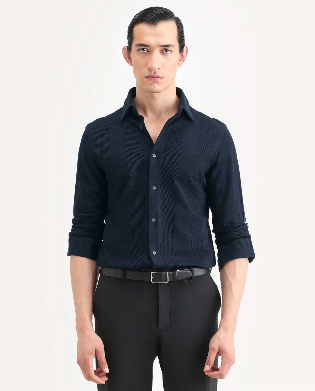 Rare Rabbit Men's Loxa Dark Navy Cotton Striped Print Regular Fit Full Sleeve Collared Shirt