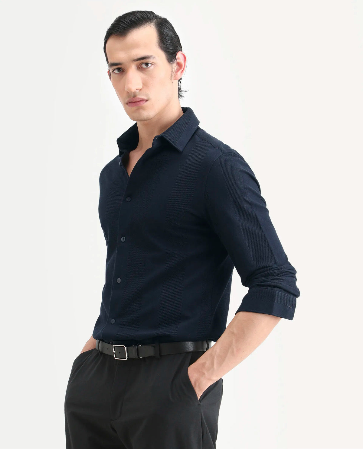 Rare Rabbit Men's Loxa Dark Navy Cotton Striped Print Regular Fit Full Sleeve Collared Shirt