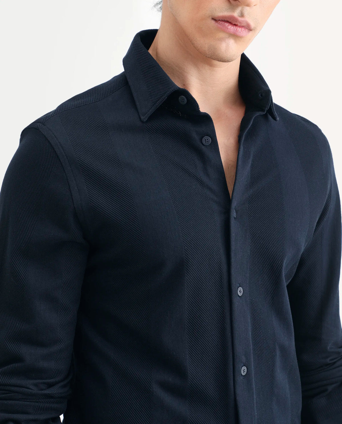Rare Rabbit Men's Loxa Dark Navy Cotton Striped Print Regular Fit Full Sleeve Collared Shirt