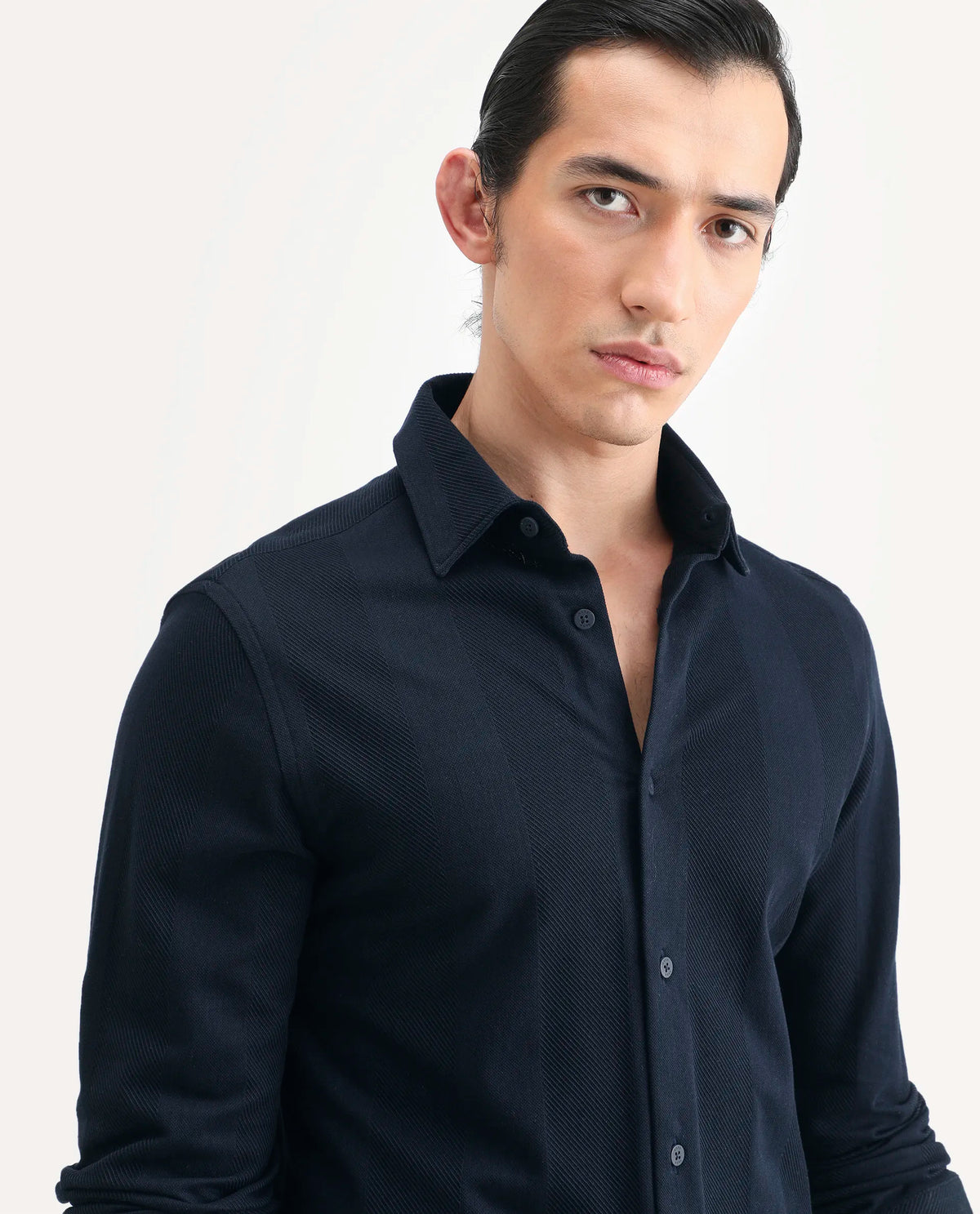 Rare Rabbit Men's Loxa Dark Navy Cotton Striped Print Regular Fit Full Sleeve Collared Shirt