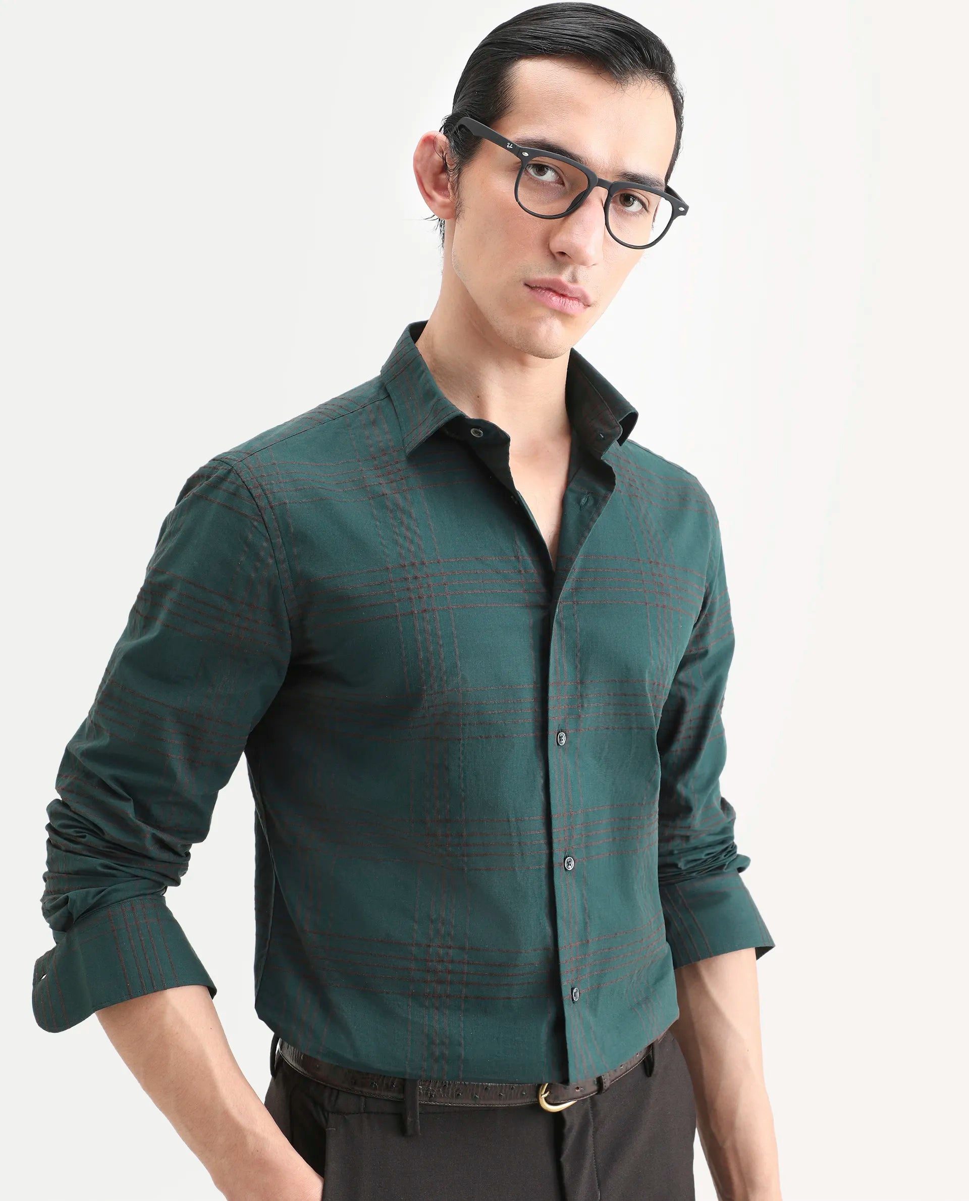 Rare Rabbit Men's Vola-25 Dark Green Cotton Fabric Full Sleeve Regular Fit Checked Shirt