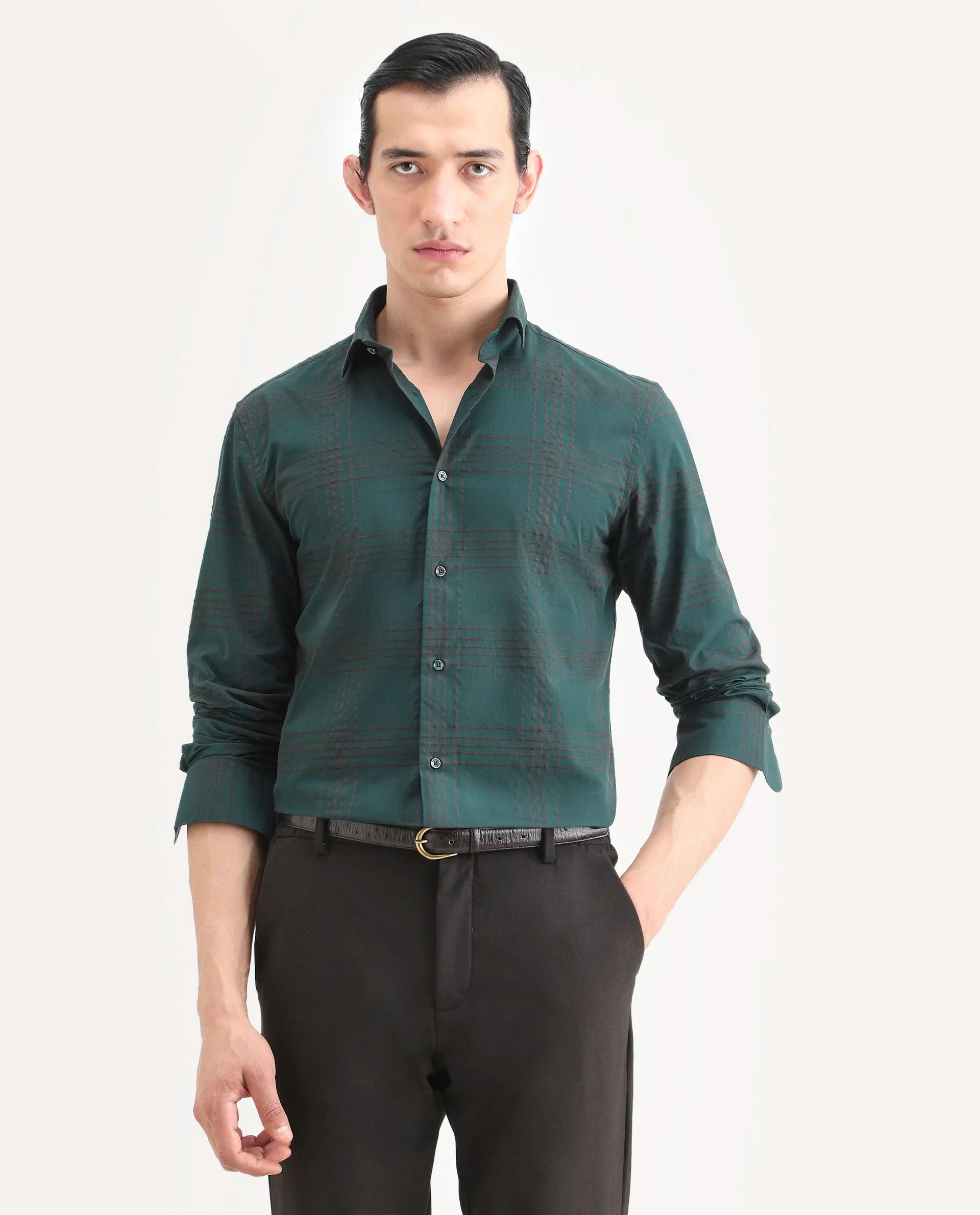 Rare Rabbit Men's Vola-25 Dark Green Cotton Fabric Full Sleeve Regular Fit Checked Shirt