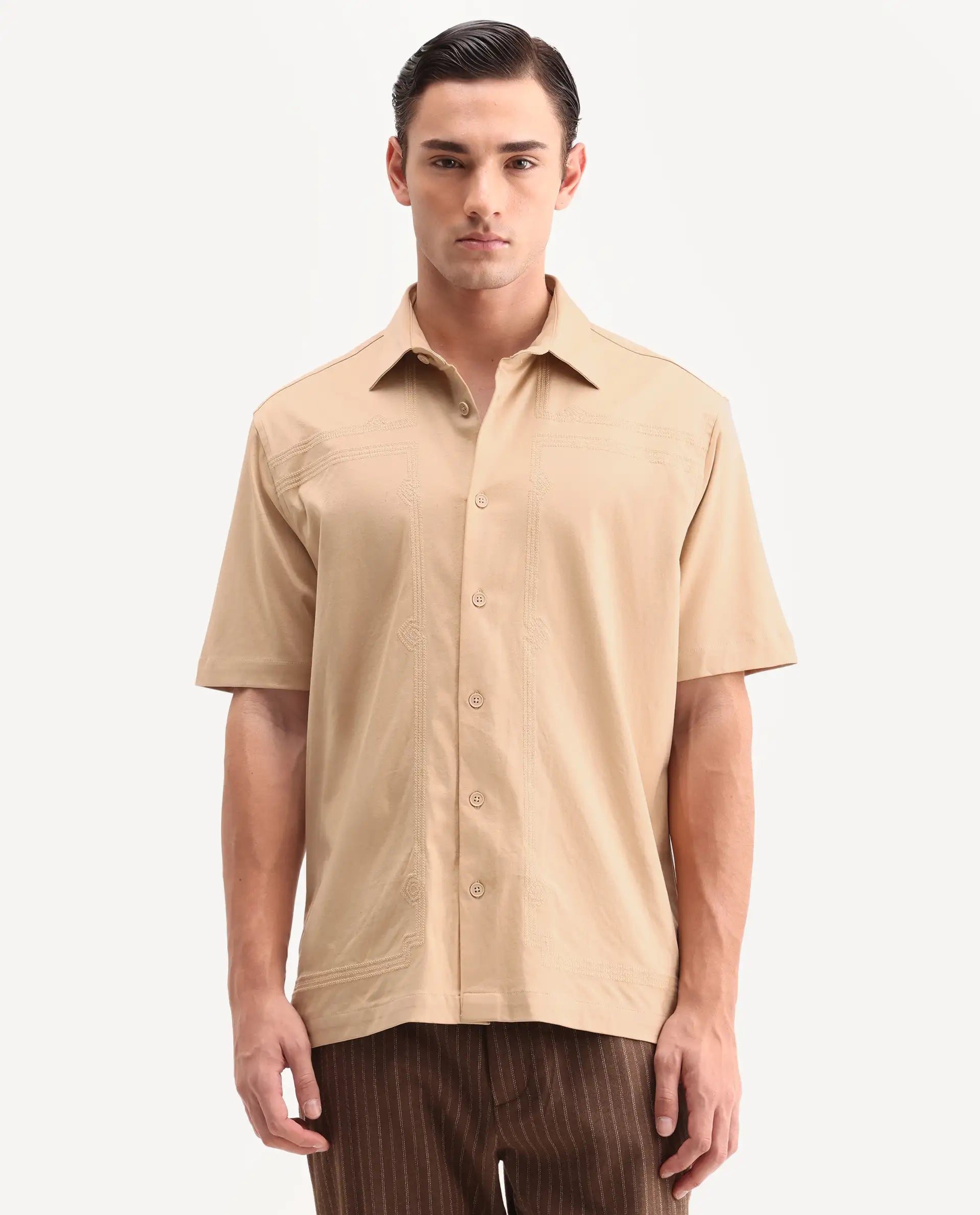 Rare Rabbit Men's Jupi Beige Cotton Fabric Spread Collar Regular Fit Embroidered Shirt