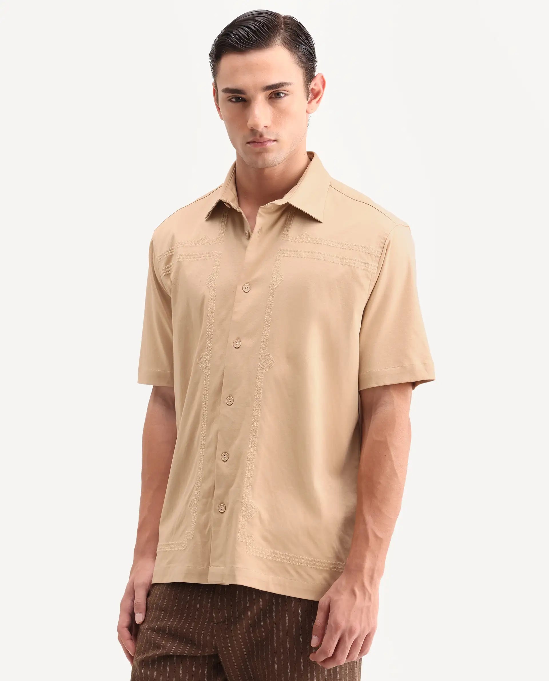 Rare Rabbit Men's Jupi Beige Cotton Fabric Spread Collar Regular Fit Embroidered Shirt