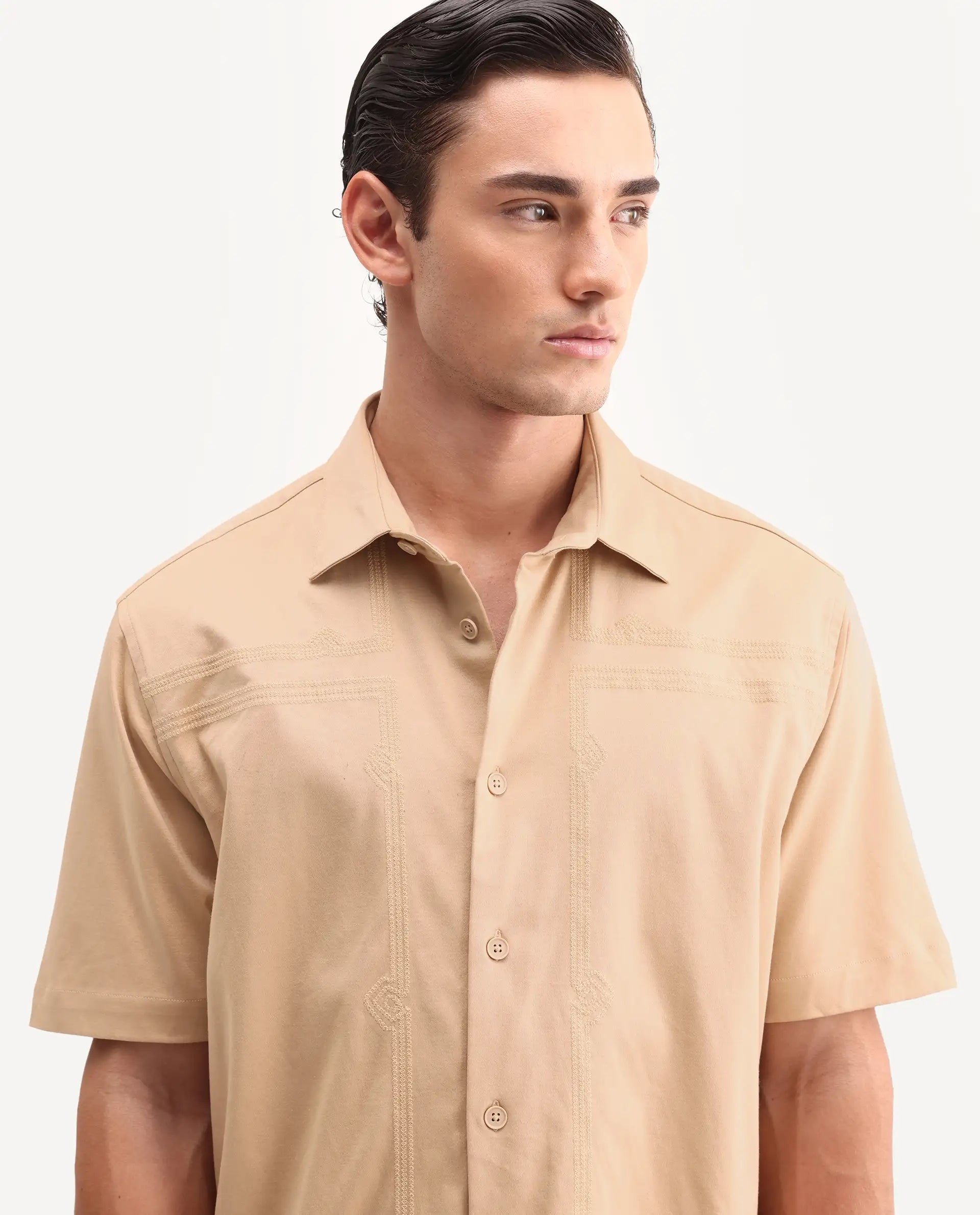 Rare Rabbit Men's Jupi Beige Cotton Fabric Spread Collar Regular Fit Embroidered Shirt