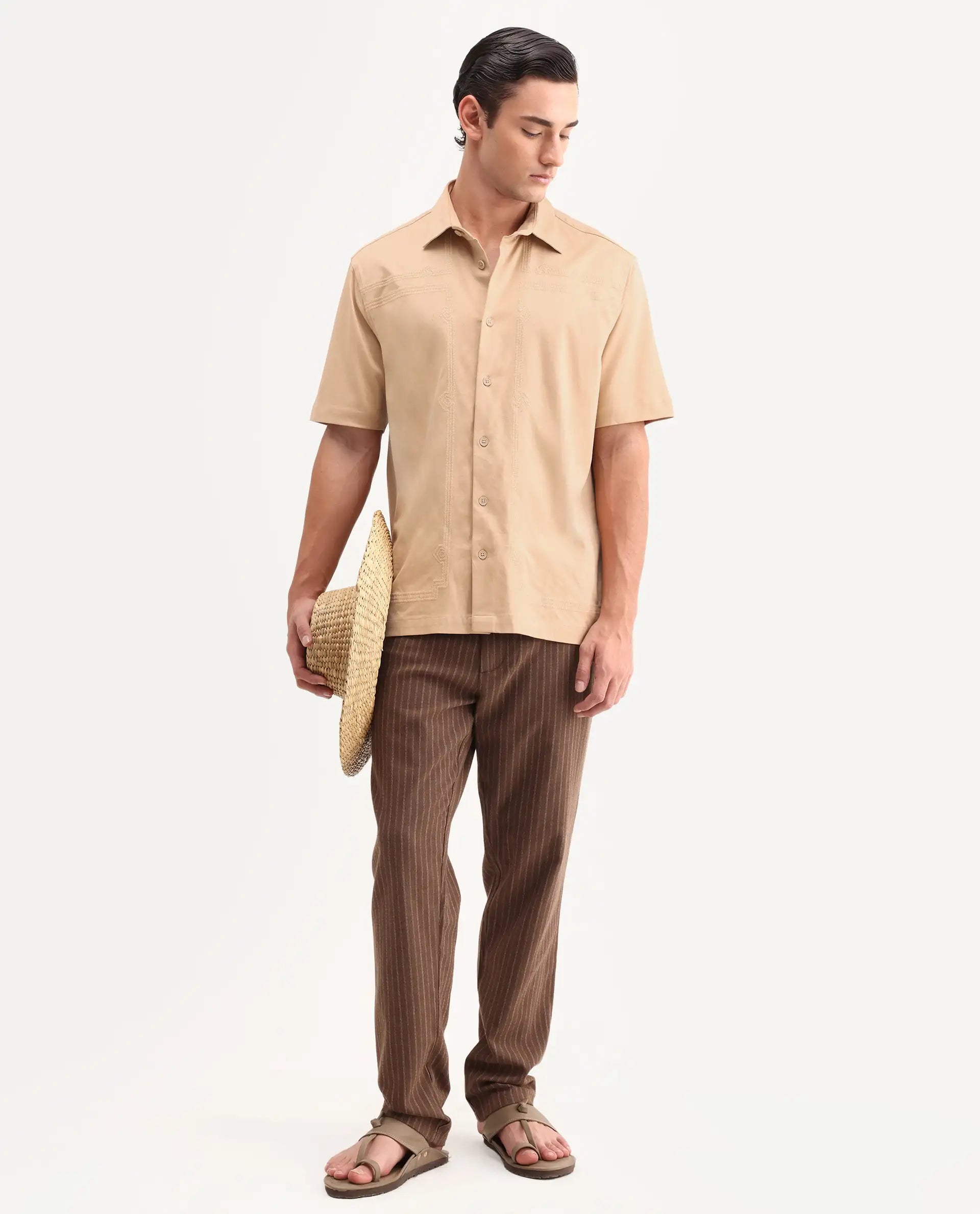 Rare Rabbit Men's Jupi Beige Cotton Fabric Spread Collar Regular Fit Embroidered Shirt