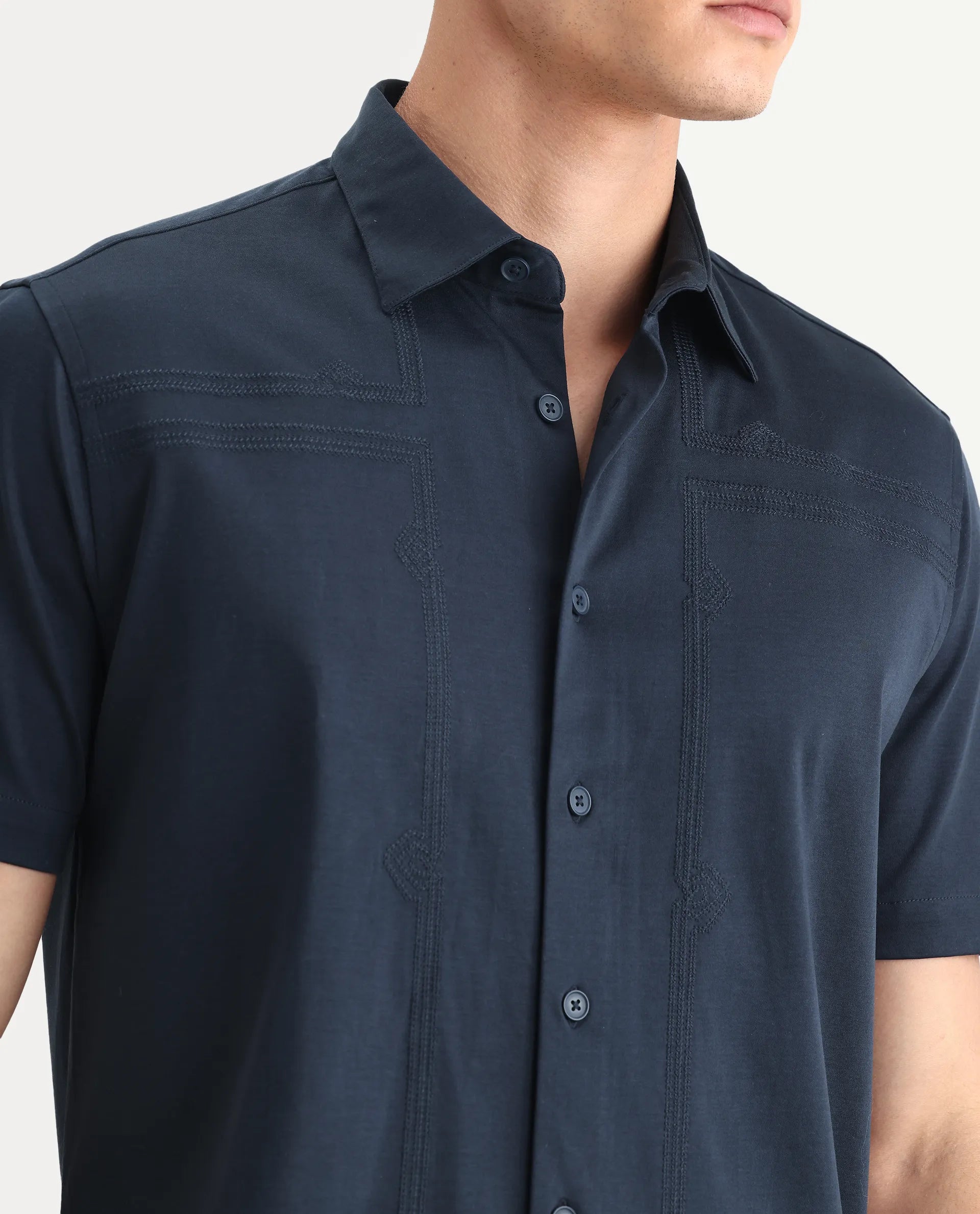 Rare Rabbit Men's Jupi Navy Cotton Fabric Spread Collar Regular Fit Embroidered Shirt
