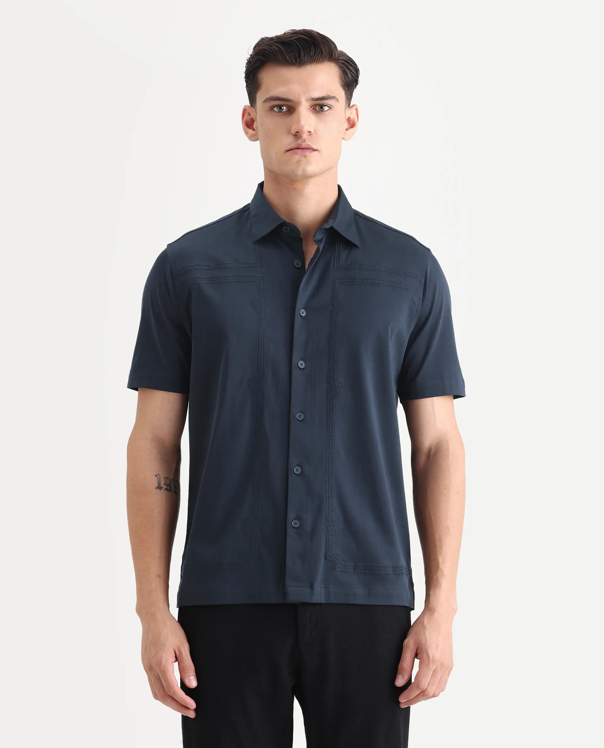 Rare Rabbit Men's Jupi Navy Cotton Fabric Spread Collar Regular Fit Embroidered Shirt