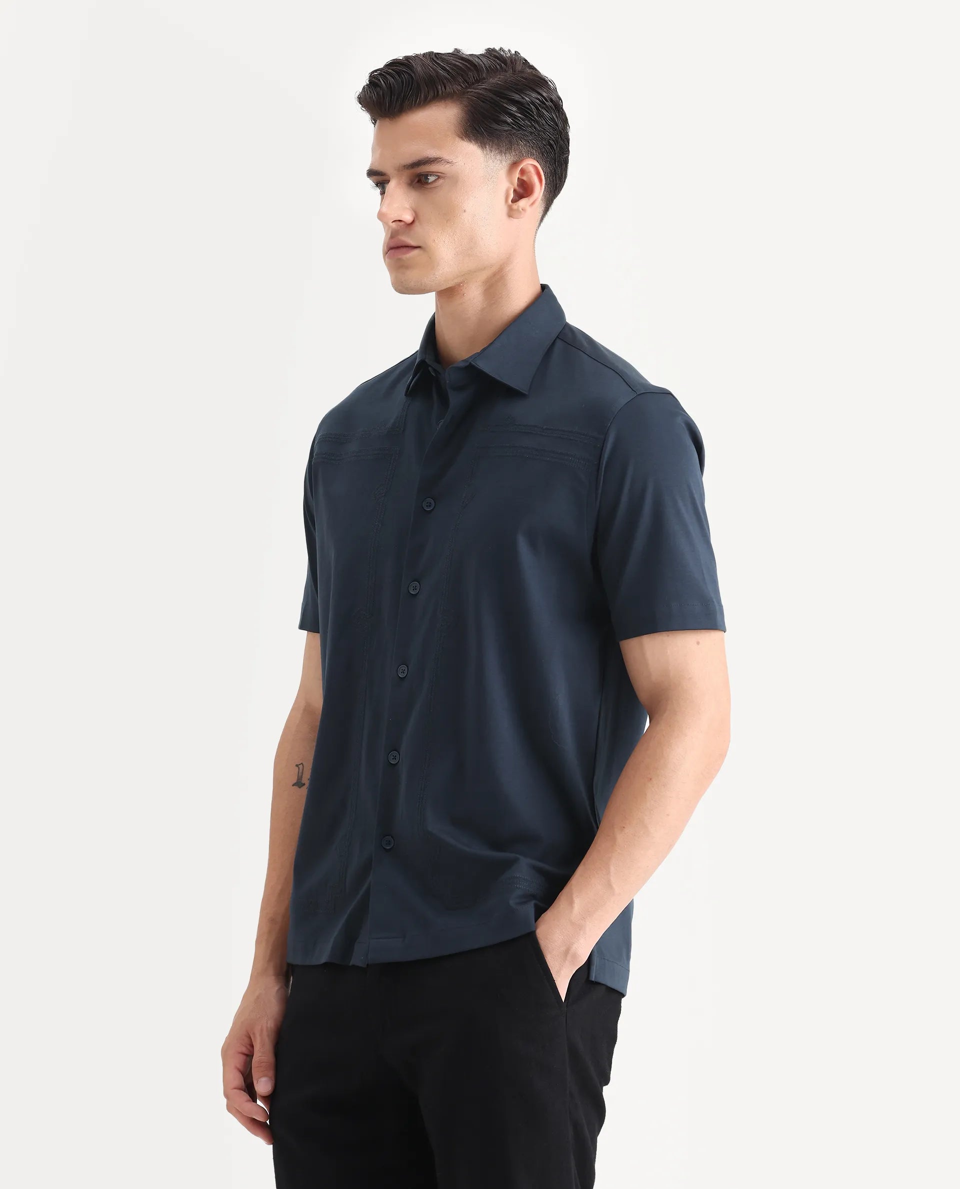 Rare Rabbit Men's Jupi Navy Cotton Fabric Spread Collar Regular Fit Embroidered Shirt