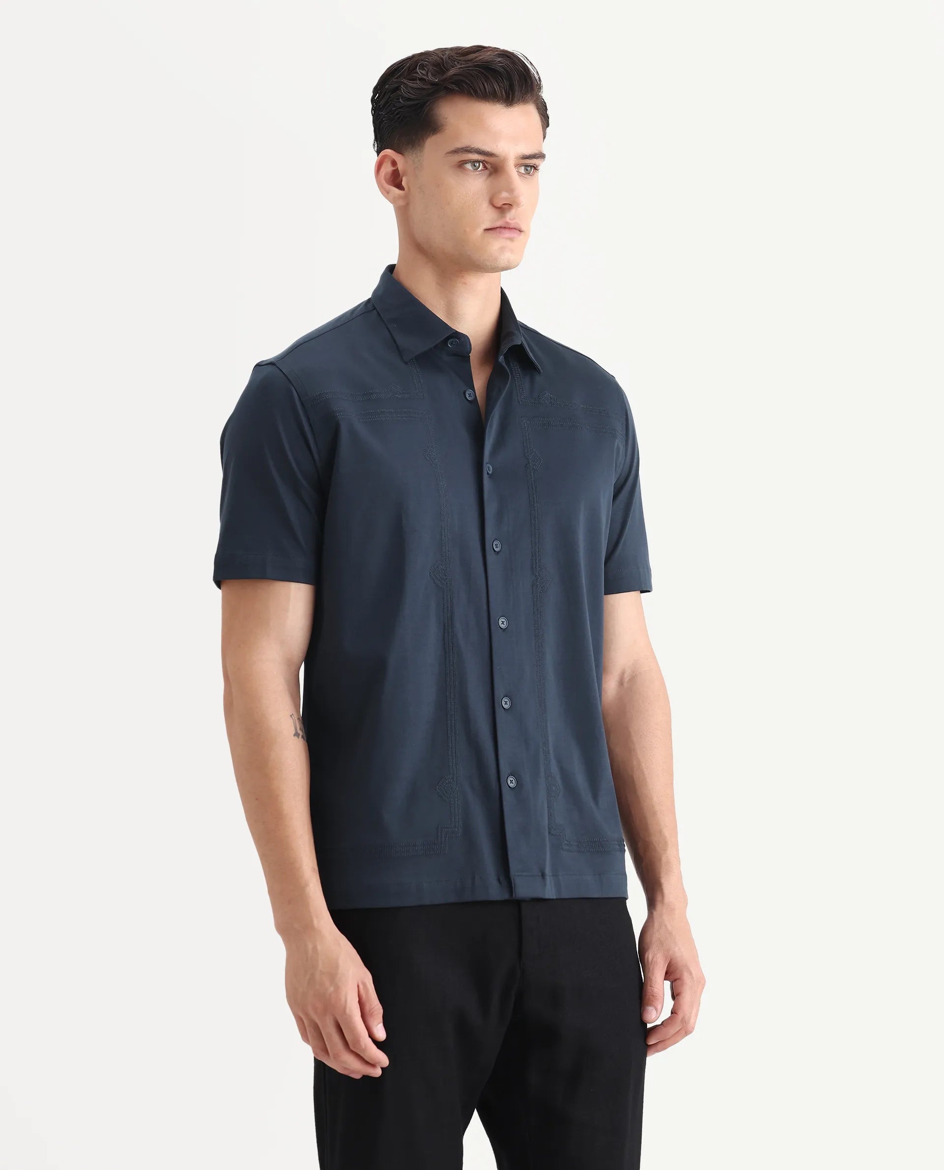 Rare Rabbit Men's Jupi Navy Cotton Fabric Spread Collar Regular Fit Embroidered Shirt