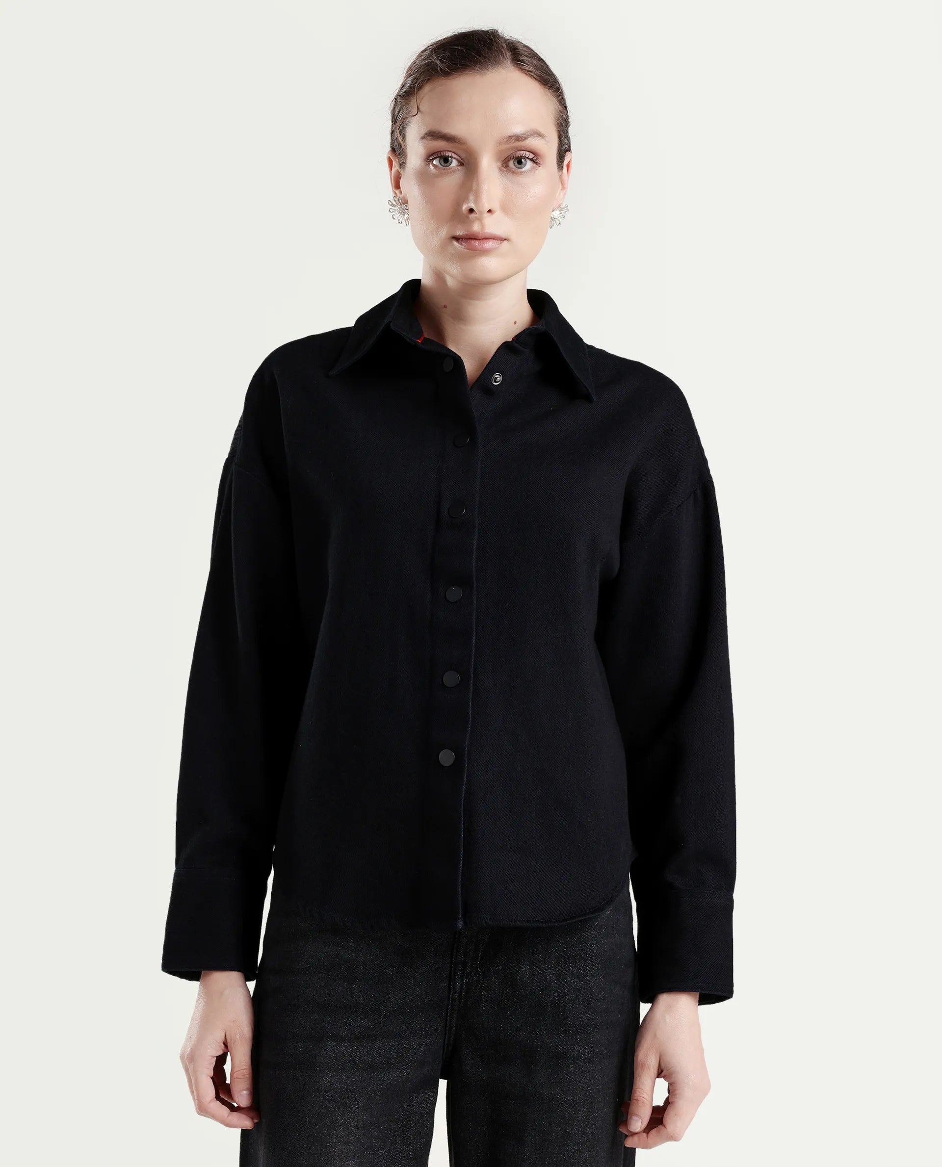 Rareism Women's Avica Blue Cotton Blend Drop Collar Plain Cuffed Sleeve Regular Fit Shirt