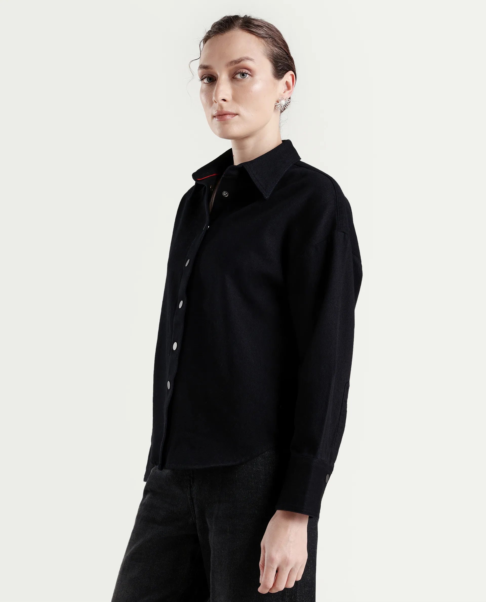 Rareism Women's Deniro Dark Blue Cotton Spread Collar Boxy Plain Shirt
