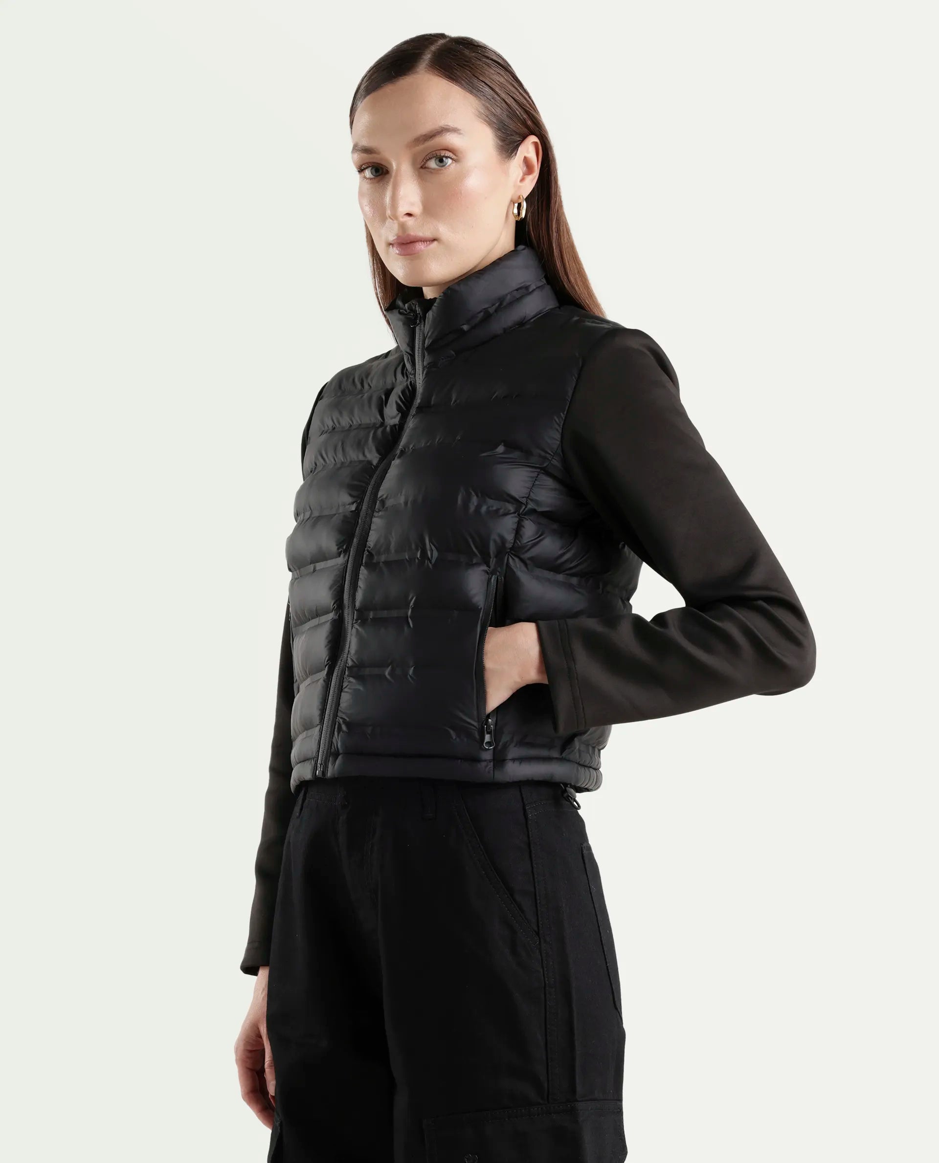 Rareism Women's Zarcru Black Nylon High Collar Regular Plain Jacket