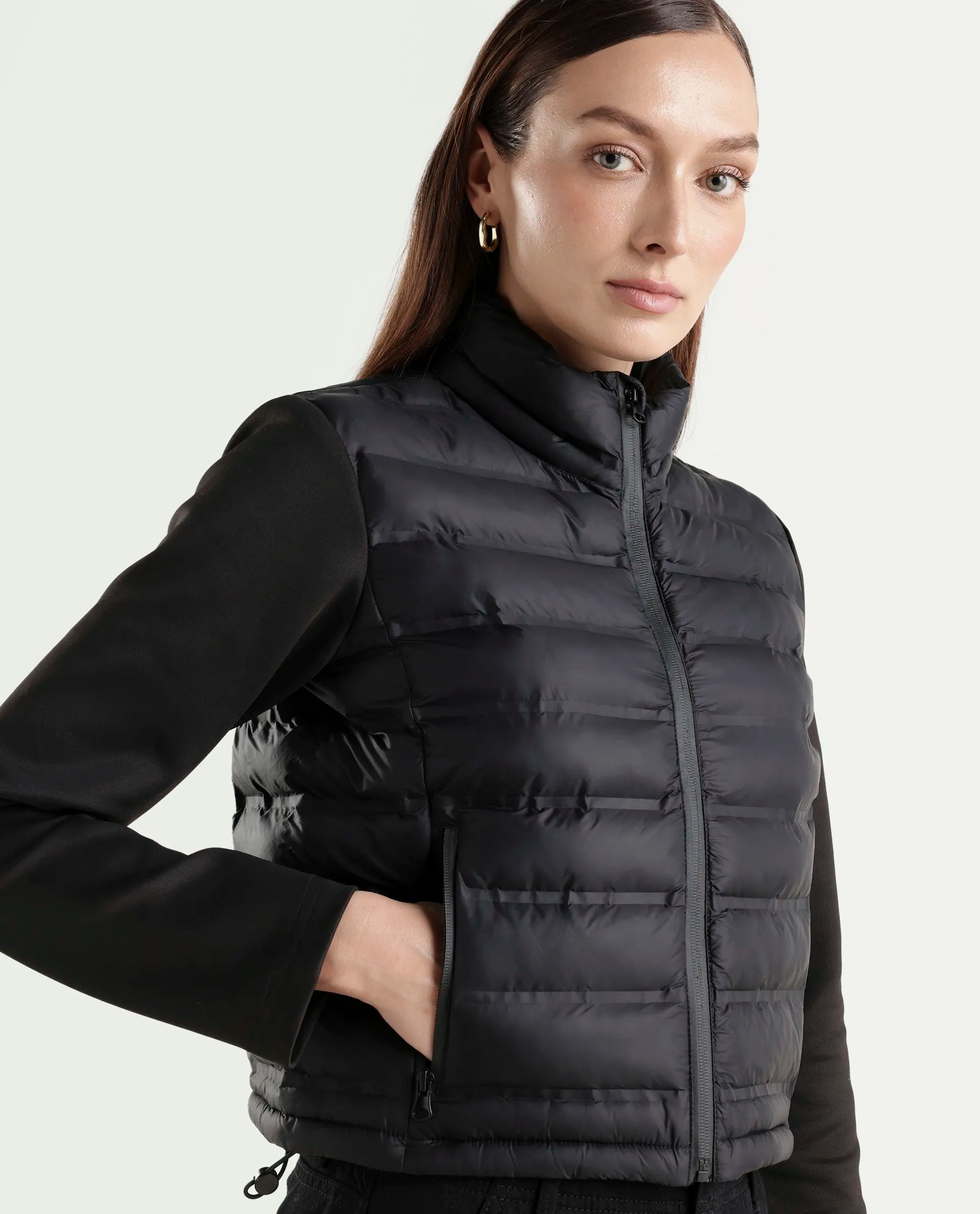 Rareism Women's Zarcru Black Nylon High Collar Regular Plain Jacket