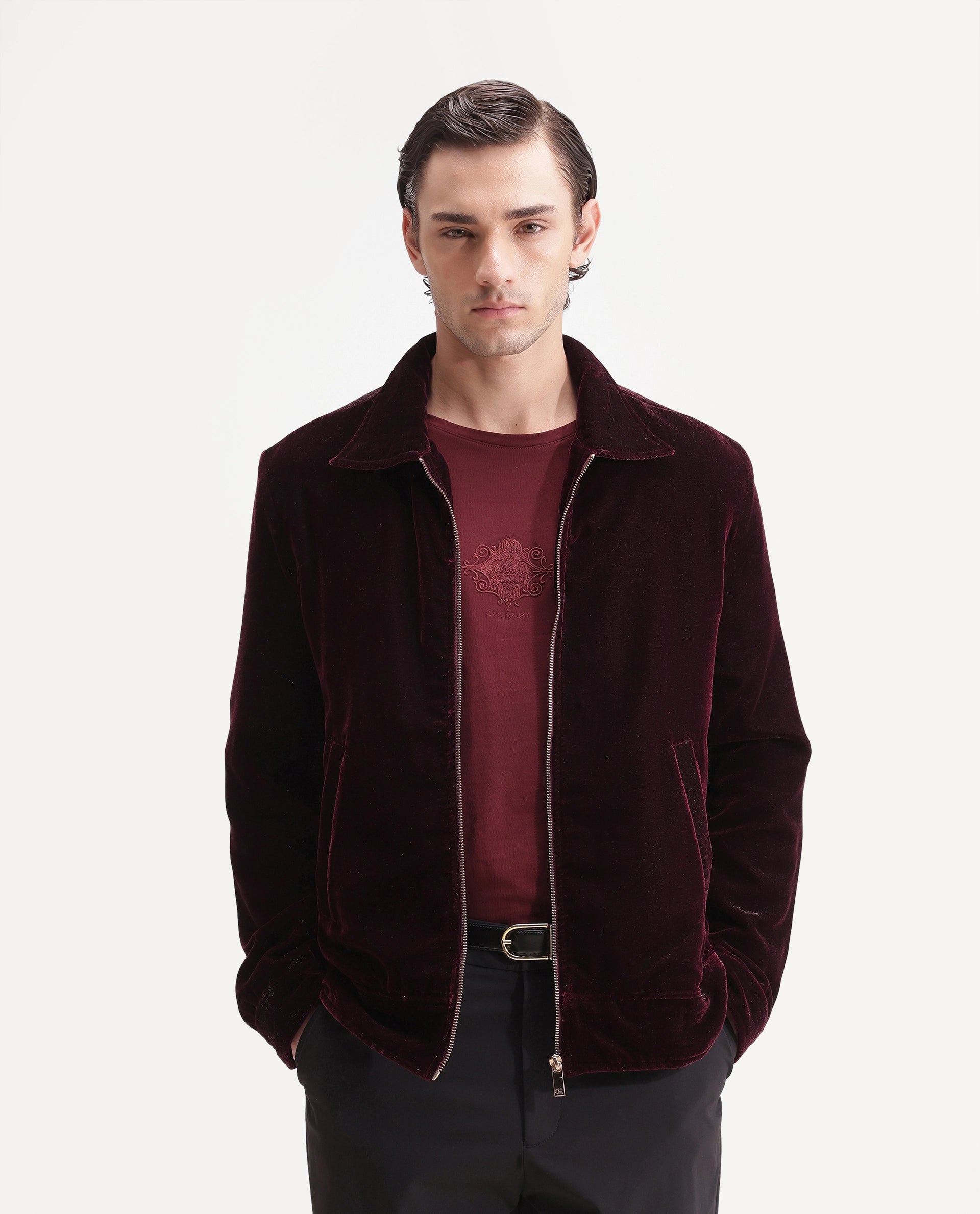 Rare Rabbit Men's Otaki-25 Maroon Polyester Blend Plain Regular Fit Full Sleeve Spread Collar Jacket