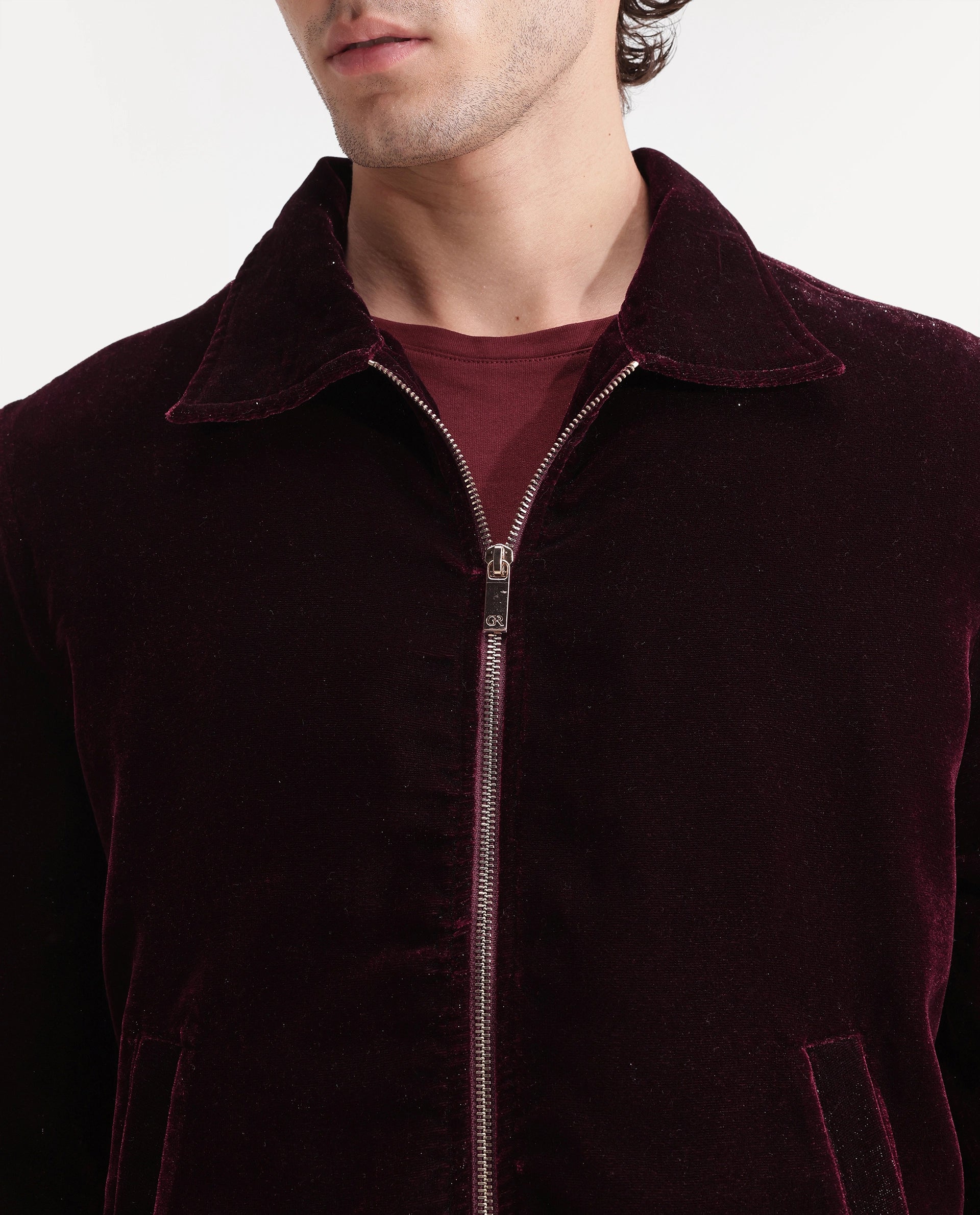 Rare Rabbit Men's Otaki-25 Maroon Polyester Blend Plain Regular Fit Full Sleeve Spread Collar Jacket