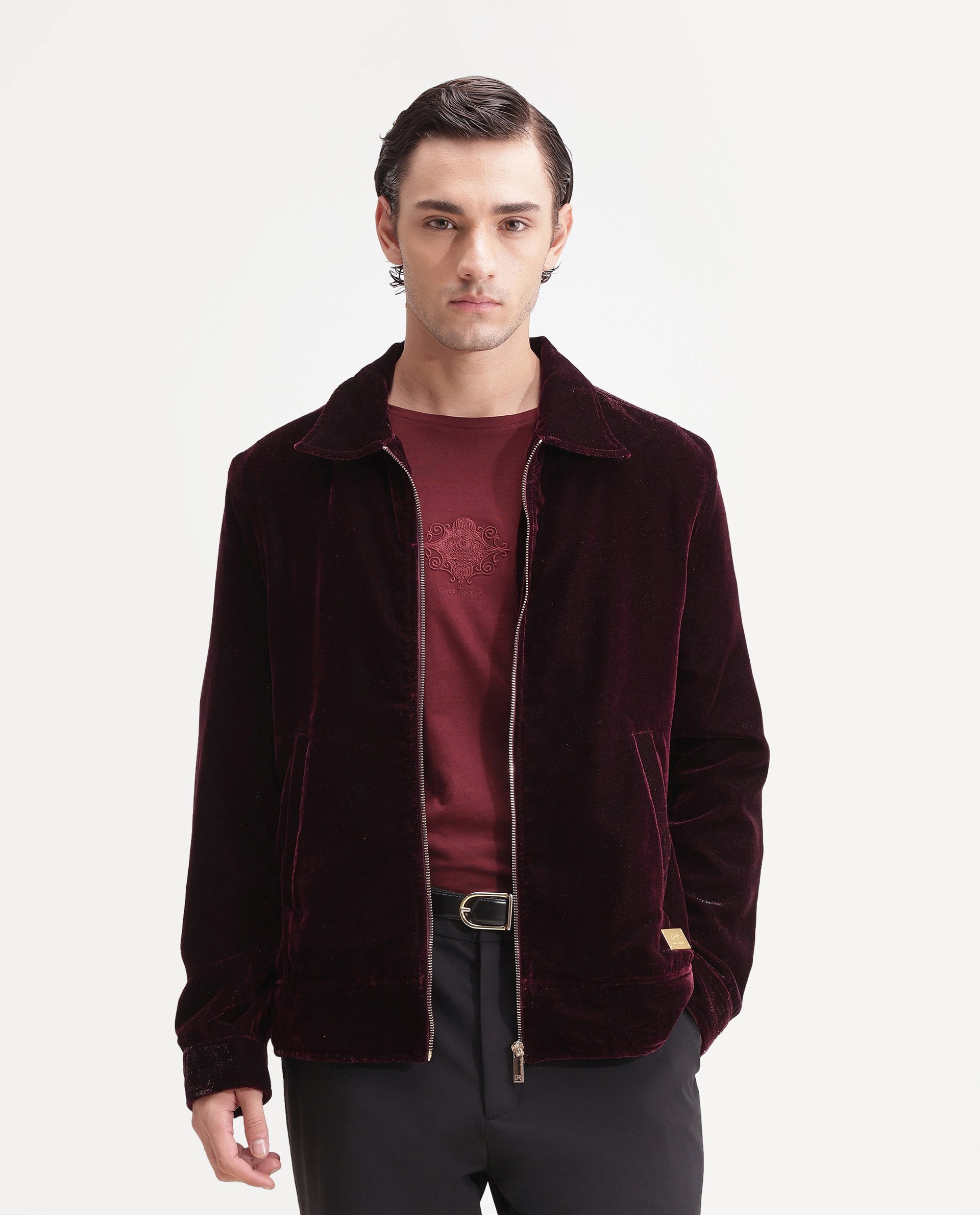 Rare Rabbit Men's Otaki-25 Maroon Polyester Blend Plain Regular Fit Full Sleeve Spread Collar Jacket